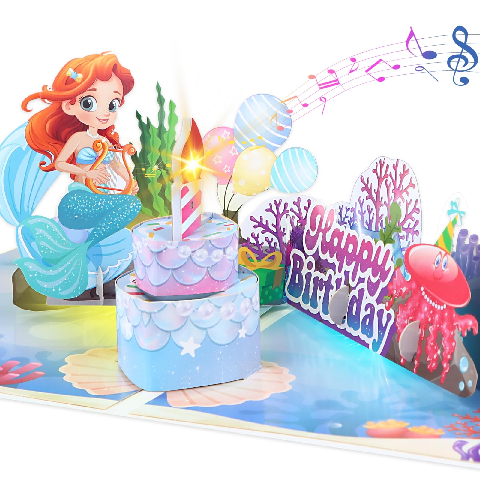 D24TIME Musikalische Geburtstagskarte für Mädchen – Meerjungfrau-Pop-Up-Bday-Karte mit Musik und Lichtern mit blasbarer Kerze, 3D-Geburtstagskarte für Tochter, Enkelin
