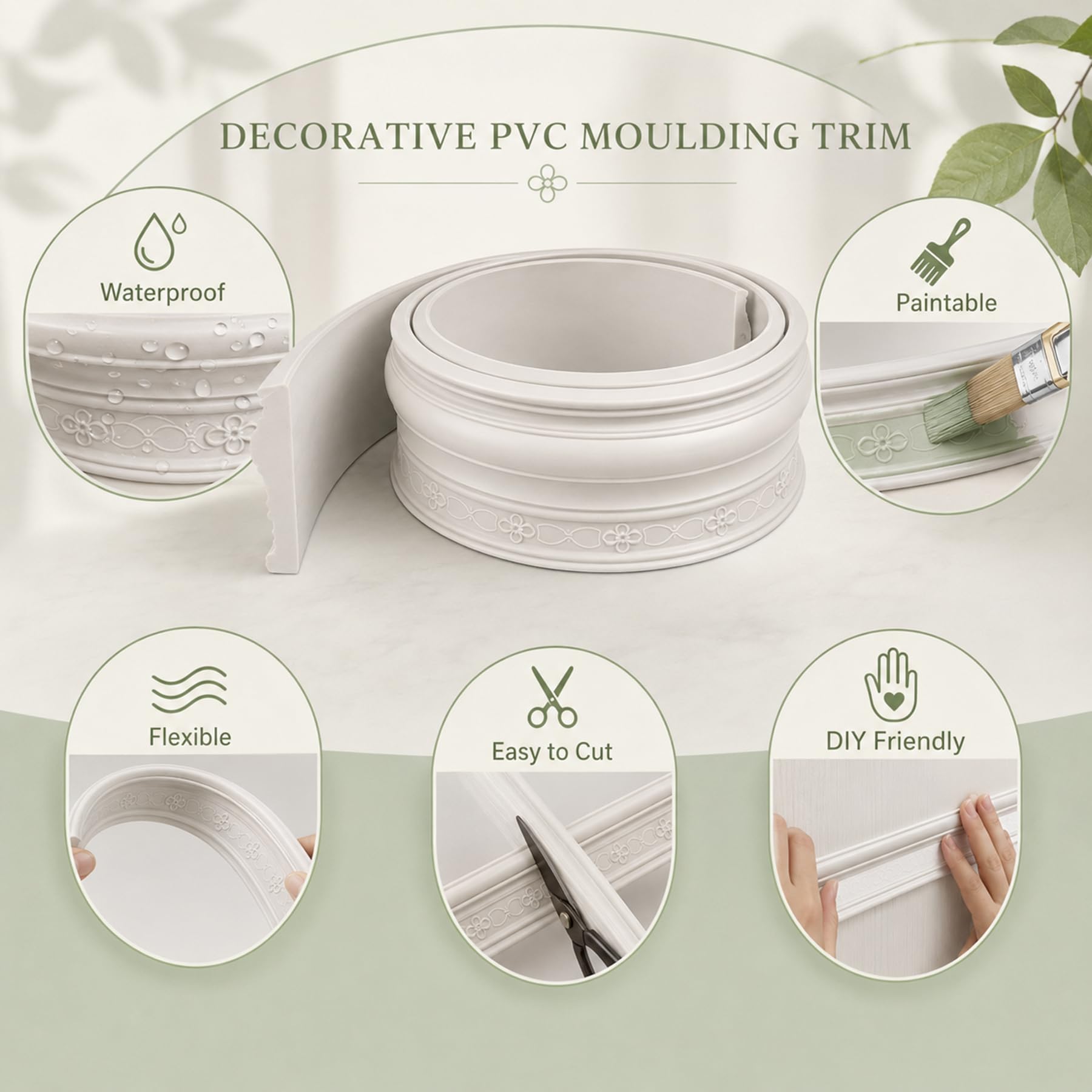 Modanatura per Pareti in PVC Flessibile E Impermeabile per Decorazione Interni Profilo Decorativo Verniciabile per Soffitto Porte E Cornici W 8cm, L 9m