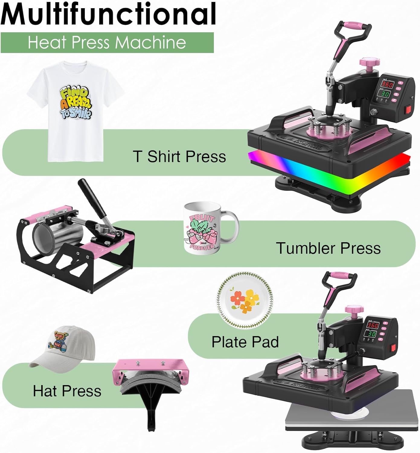 Seeutek Heat Press 5 in 1 Heat Press Machine 12x15 inch T Shirt Pressing Machine with 360 Degree Swing Away, Multifunction Heat Transfer Sublimation Combo for T Shirts Mugs Hat Plate Cap Pink