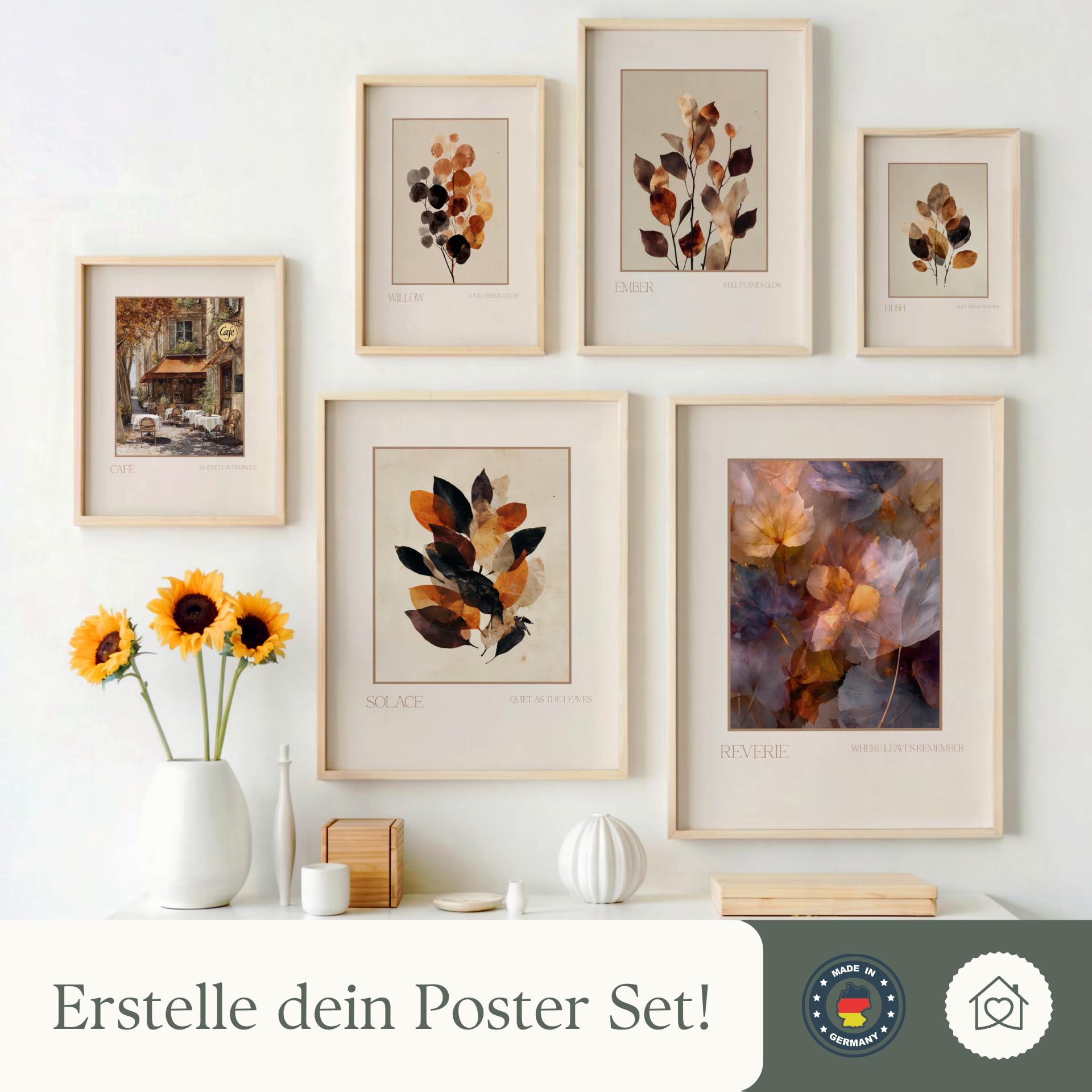 MJ-GRAPHICS® Poster Ahornblatt Beige Textur Kunstdruck Natur Ästhetisch Minimalistisch Wandbild Herbst Deko Wohnzimmer Skandi Design Boho Braun Stillleben – A2 Poster mit Rahmen Holz Braun