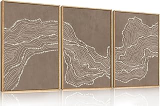 Celestdeco Geometric White Tan Wave Framed Canvas Wall Art Set, Abstract...