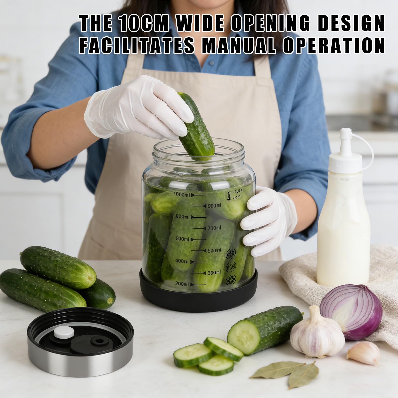 RUCUDIM Tarro de fermentación con tapa de 1 L, vaso de fermentación con ventilador de fermentación, recipiente para kimchi, vaso de kéfir, vasos de fermentación, vidrio kimchi, cristal de fermentación - 5