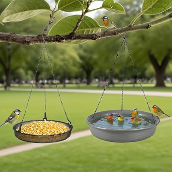 Hniuyun Hanging Bird Bath and Feeder for Small Birds - Metal Seed Tray with Plastic Water Bowl, Outdoor Garden Decor Accessory