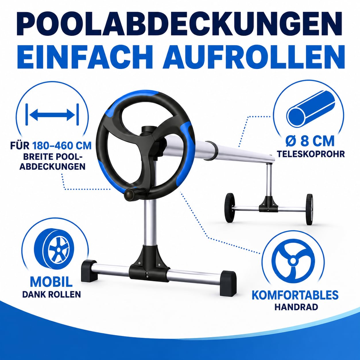 poolomio® Pool Aufroller aus Aluminium | Mobile Auf- und Abrollvorrichtung für Poolabdeckungen & Solarplanen | 180–460 cm verstellbar | UV- & wetterbeständig | Tragkraft bis 60 kg | inkl. Befestigung
