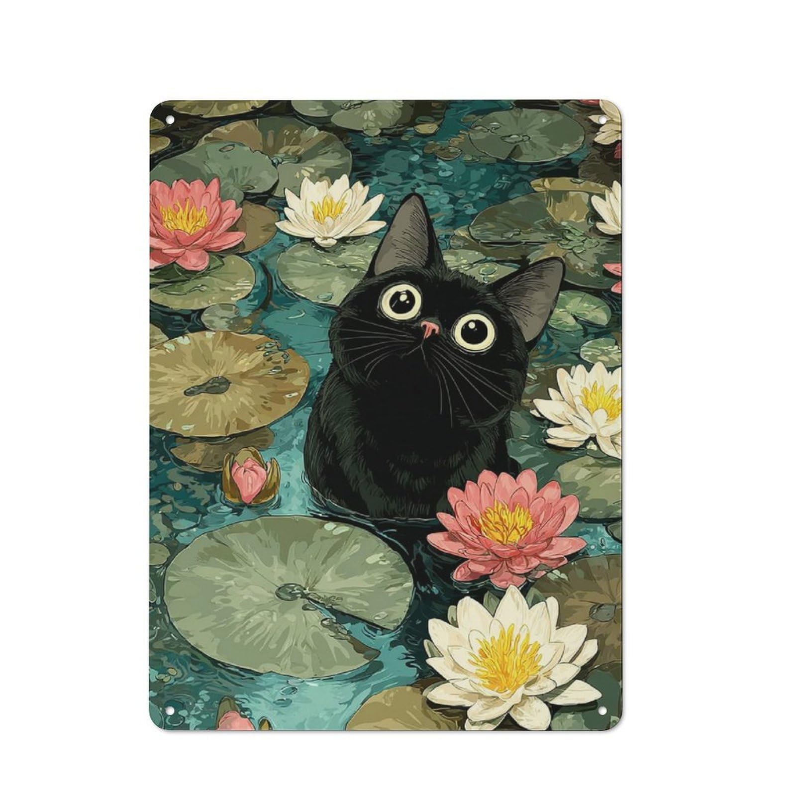 Junmoney Style-18 Black Cat In Lily Pond Illustration Urban Metal Wall Decor 40X30cm, Metal Wall Art Sign For Loft, Studio, Office Or Creative Room