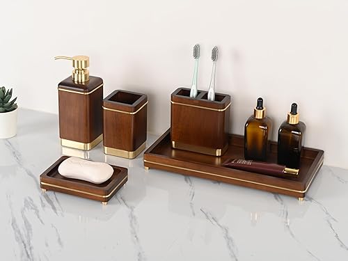 Miniatura 6 de MIHIRO Juego de accesorios de baño de madera de acacia con bandeja de tocador, bomba de aleación de zinc, dispensador de jabón, soporte para