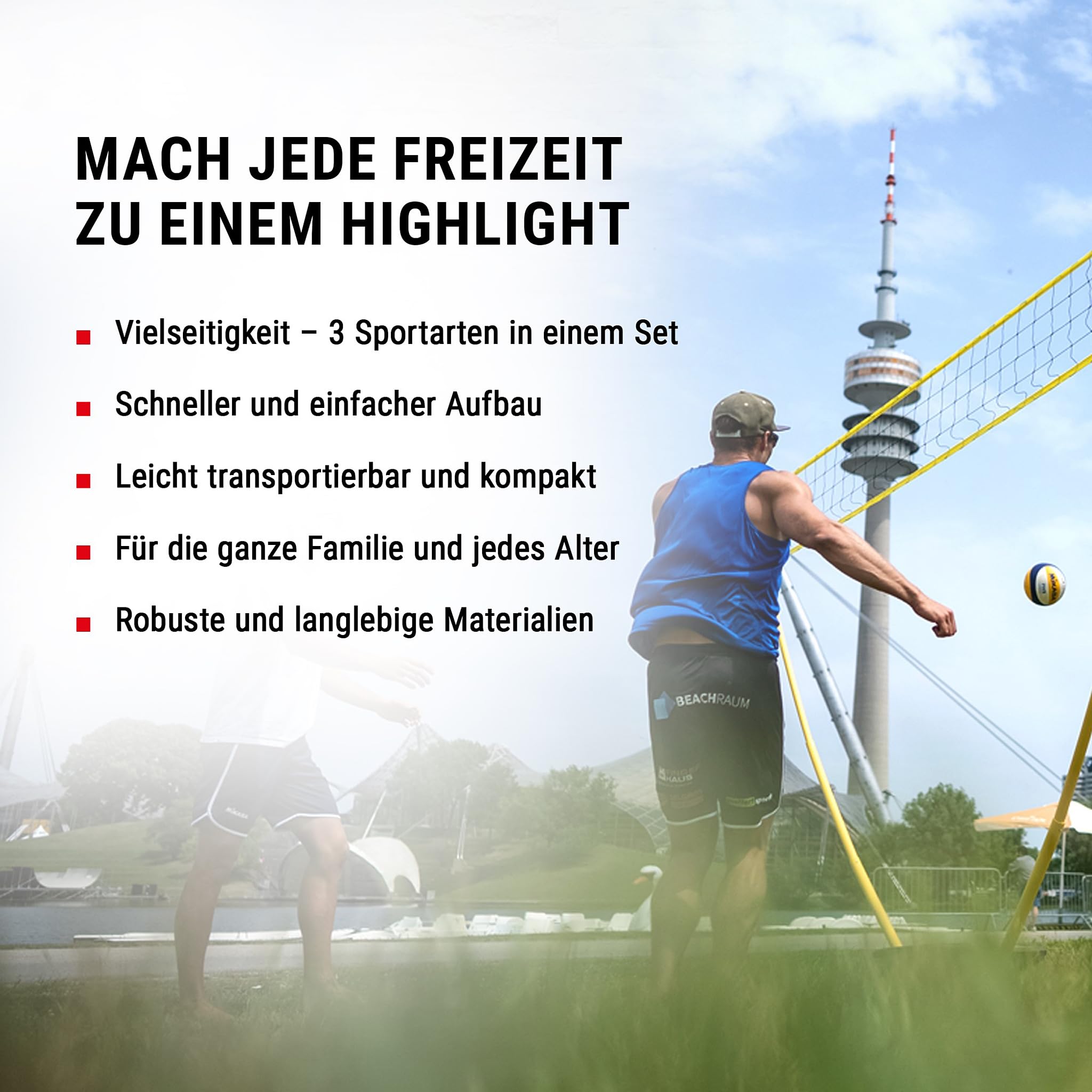 HAMMER 3 in 1 Netz Set für Volleyball, Badminton & Tennis, Spaß für jung und alt, mit Tragekoffer/Pfostenständer, leichter Aufbau, schnell verstaut und leicht transportiert