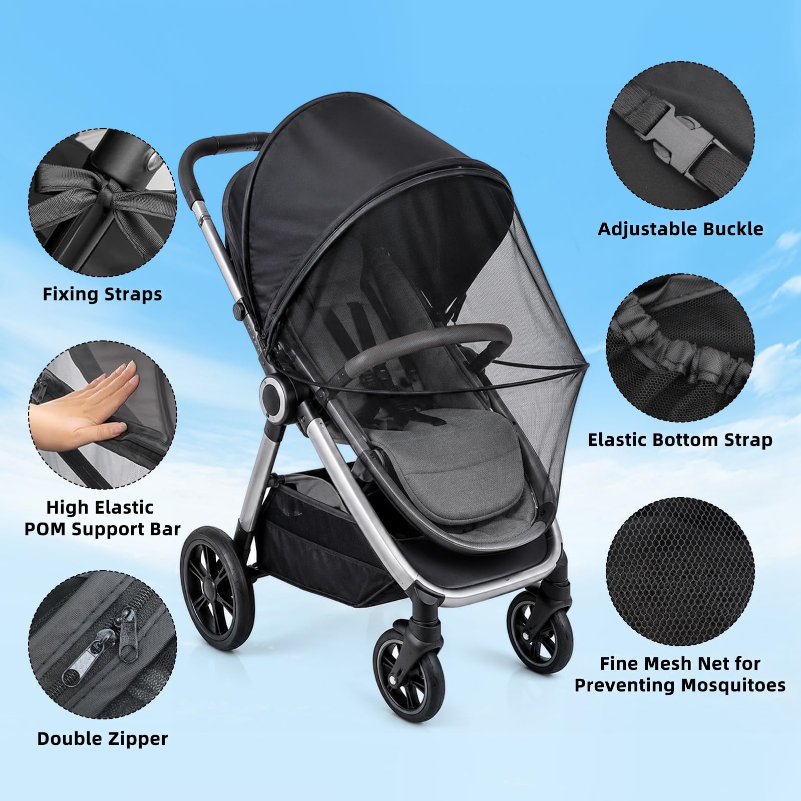 LPZMPZ Moskitonetz Kinderwagen mit Sonnensegel, Insektenschutz Fliegennetz 2-In-1 Sonnenschutz für Kinderwagen & Buggy Universal UV Schutz 50, Mückenschutz Fliegengitter Kinderwagen Schwarz