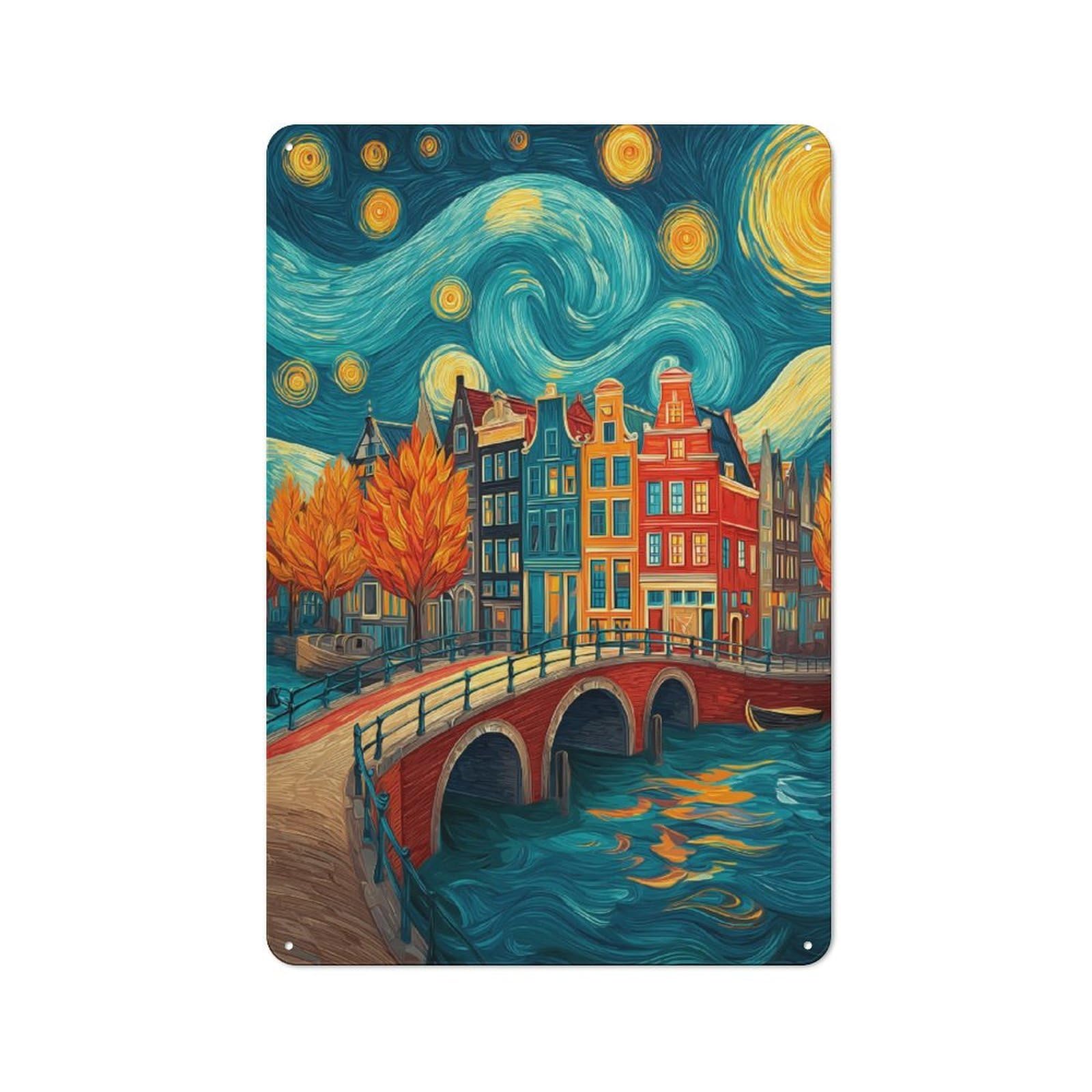 Junmoney Amsterdam Nights A -Inspired Canal Scene For Hobby Room Or Studio, Rustic Metal Sign 30X20cm, For Creative Interior Collectors Refreshing A Room In Autumn