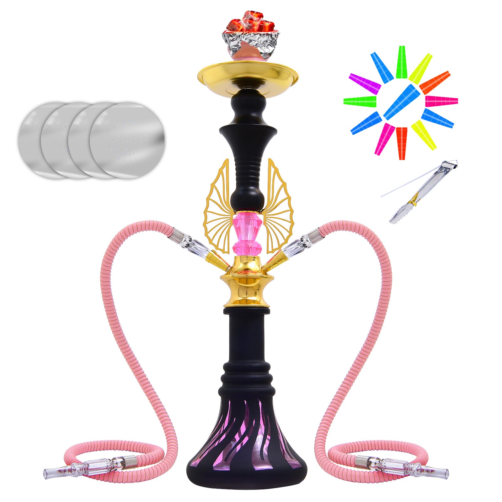 21 Elegant 2-Hose Hookah Set - Premium Kit with 20 Tips 50 Foils Case Stainless Steel Construction Pink