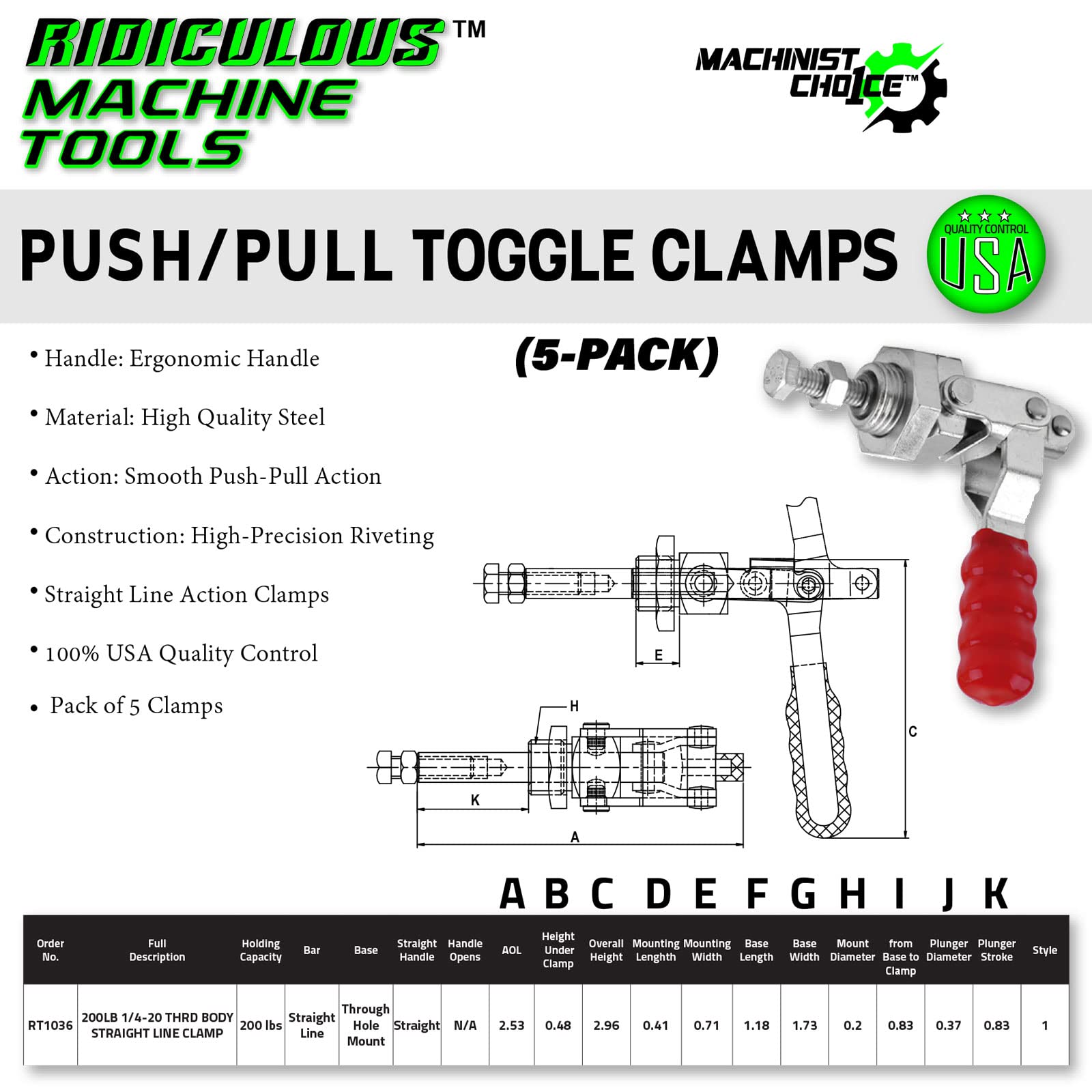 (5 Pack) 200LB 1/4-20 THRD BODY STRAIGHT LINE CLAMP