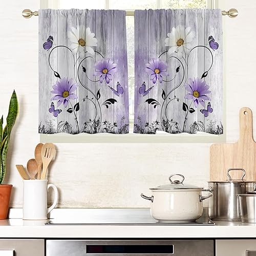 Miniatura 34 de AAtter Cortinas florales amarillas para ventana de cocina, diseño abstracto de margaritas blancas botánicas, pequeñas y cortas, para el hogar, sala