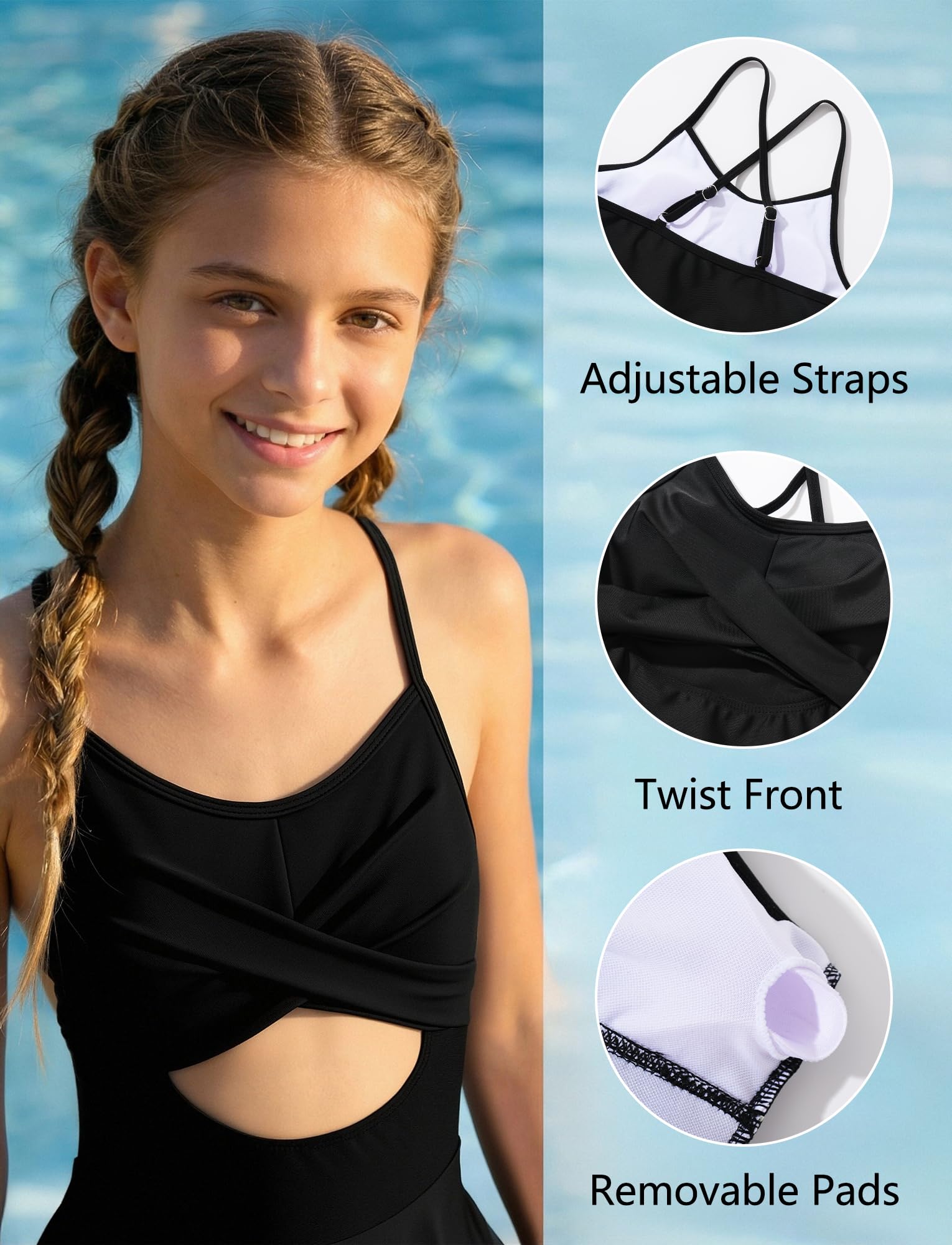 Happy Cherry - Maillot de Bain Une Pièce Fille Ados Été Vêtements de Plage Filles Enfant Bretelles Réglables pour Natation Surf Vacance - 9-16 Ans