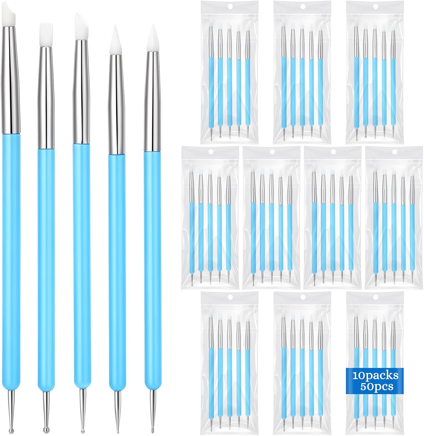 ElaraBerry 50 Pcs Silicone Clay Sculpting Tools 10 Sets Polymer Clay Tools Dotting Embossing for Pottery Ceramics Rock Nail Blending Drawing Modeling Painting