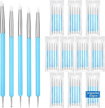 ElaraBerry 50 Pcs Silicone Clay Sculpting Tools 10 Sets Polymer Clay Tools Dotting Embossing for Pottery Ceramics Rock Nail Blending Drawing Modeling Painting