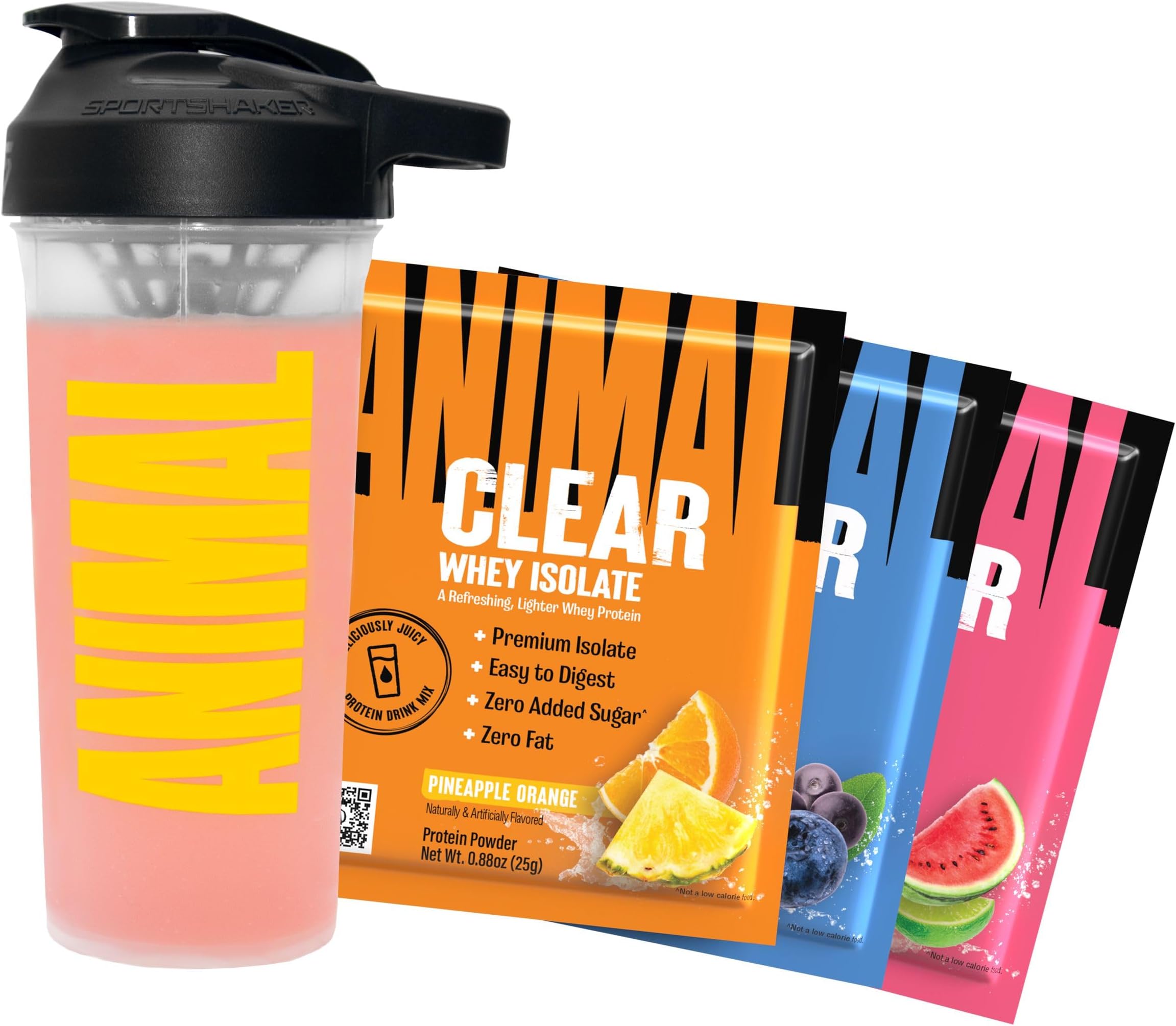 Clear Whey Protein Isolate Sampler Pack & Shaker Bottle - Deliciously Juicy 20g Protein, Watermelon Limeade, Blueberry Acai, Pineapple Orange, 3 Single-Serving Packets