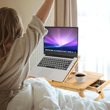 Bamboo Laptop Bed Table with Drawer - Foldable Bed Desk, Wooden Computer Stand for Home Office, Adjustable Height Tray with Anti-Slip Baffle, Natural