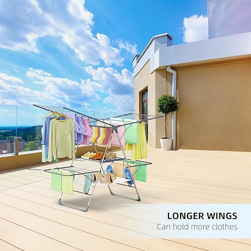 Miniatura 4 de Tendedero de Ropa Plegable de 2 Niveles para Secar Ropa, Tendedero de Acero Inoxidable Plegable para Interiores y Exteriores, con Alas de Altura