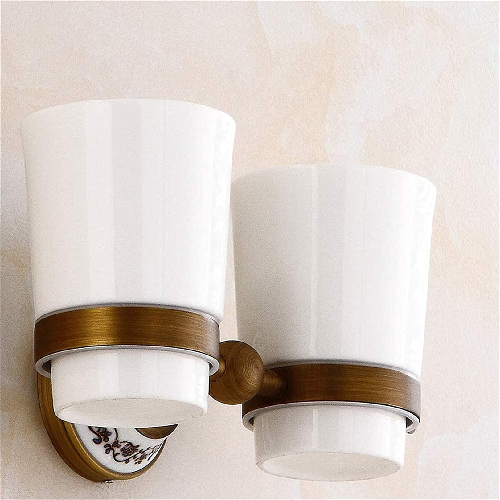 Portaspazzolino doppio a parete, Portaspazzolino doppio in rame massiccio, portabicchieri doppio in ceramica blu e bianco antico, accessori da bagno con superficie spazzolata