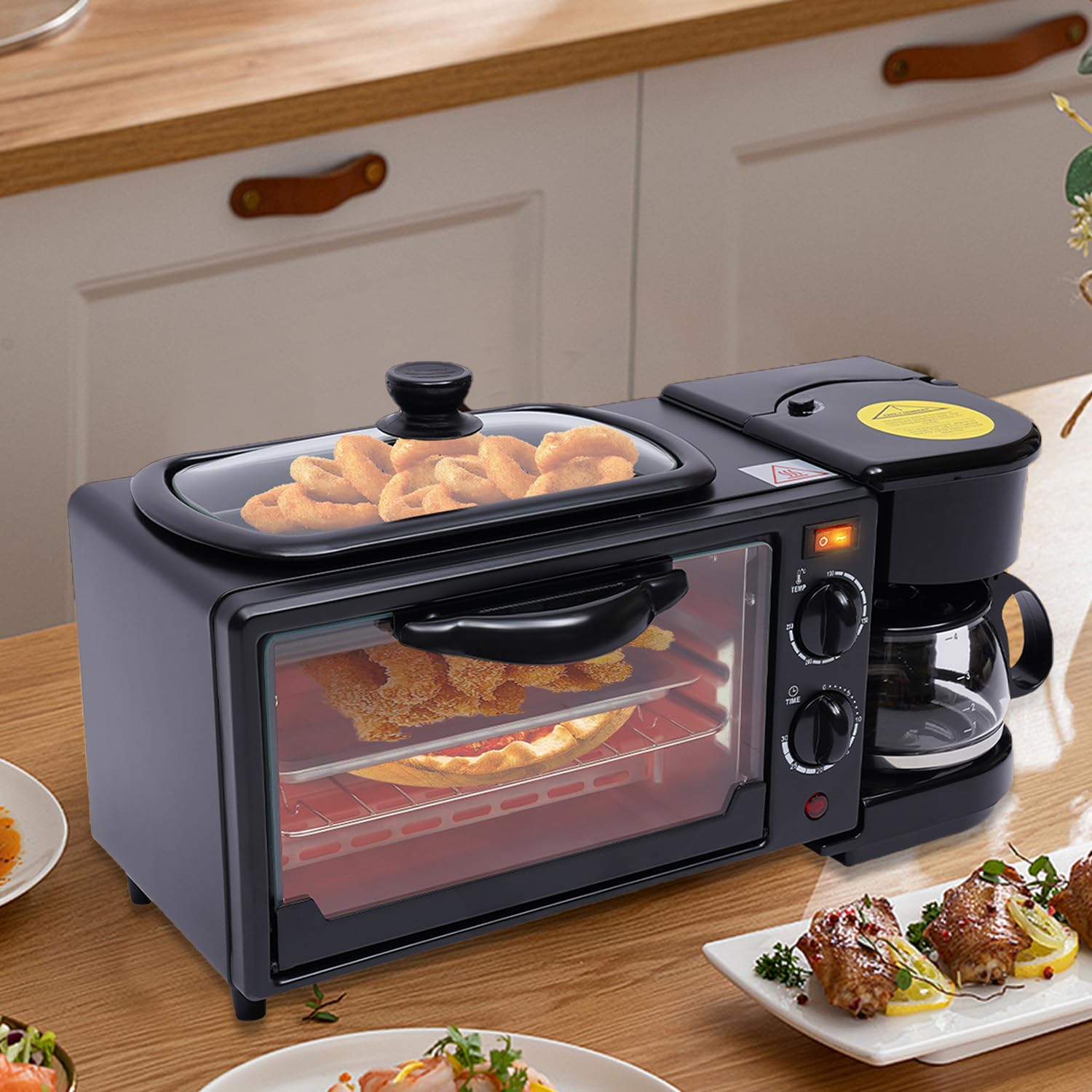 Multifunktions-Frühstückszubereiter 3-in-1, Elektrisch – Bratpfanne, Mini-Ofen & Kaffeemaschine, Antihaft, 30-Minuten-Timer, 100–230°C, Ideal für Kuchen, Sandwiches, Steaks & Frühstück