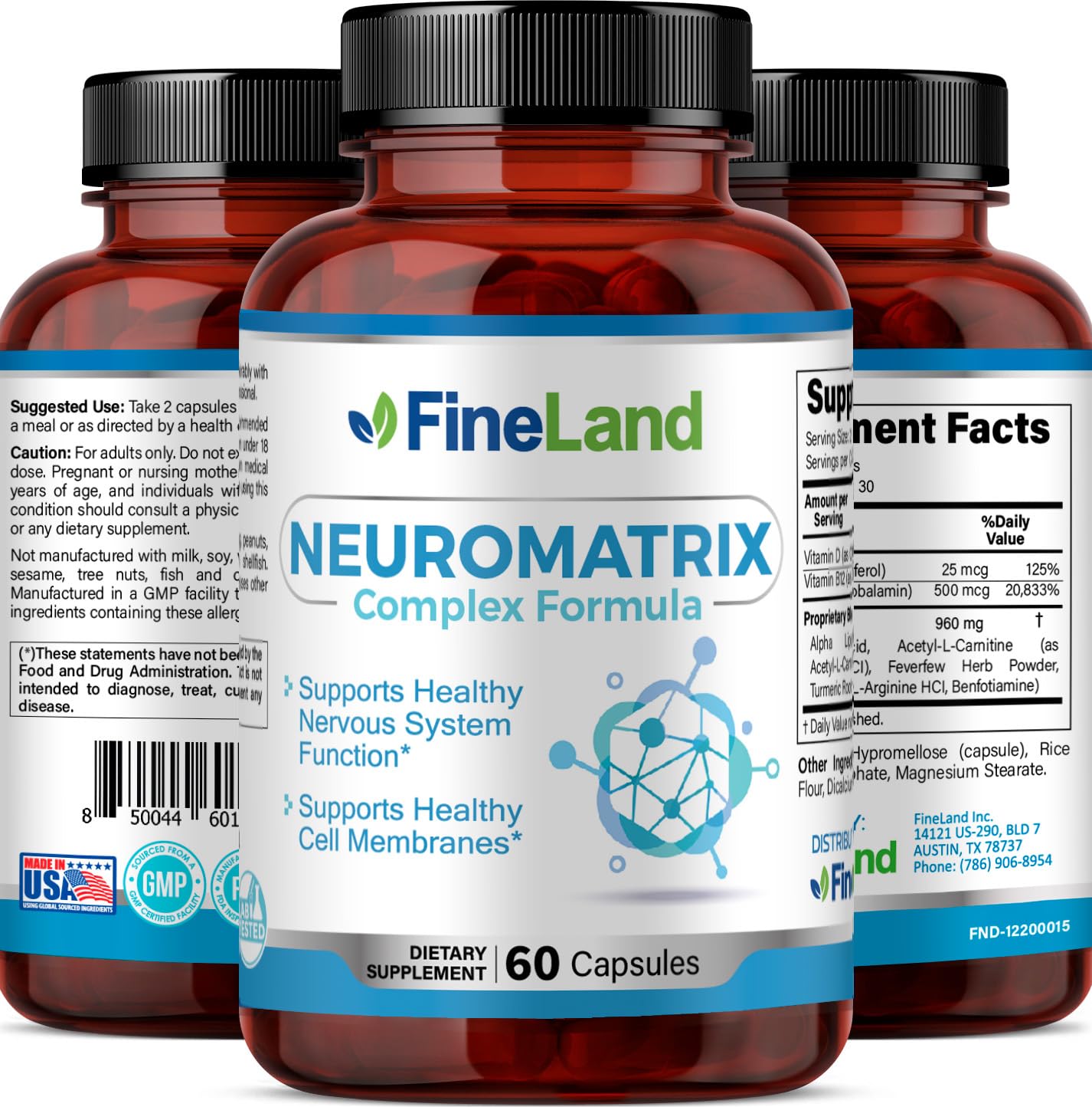 FineLand NEUROMATRIX Complex Formula, Advanced Cognitive and Nerve Support Supplement, High Potency Vitamin B12, Alpha Lipoic Acid and Acetyl-L-Carnitine, 60 Capsules
