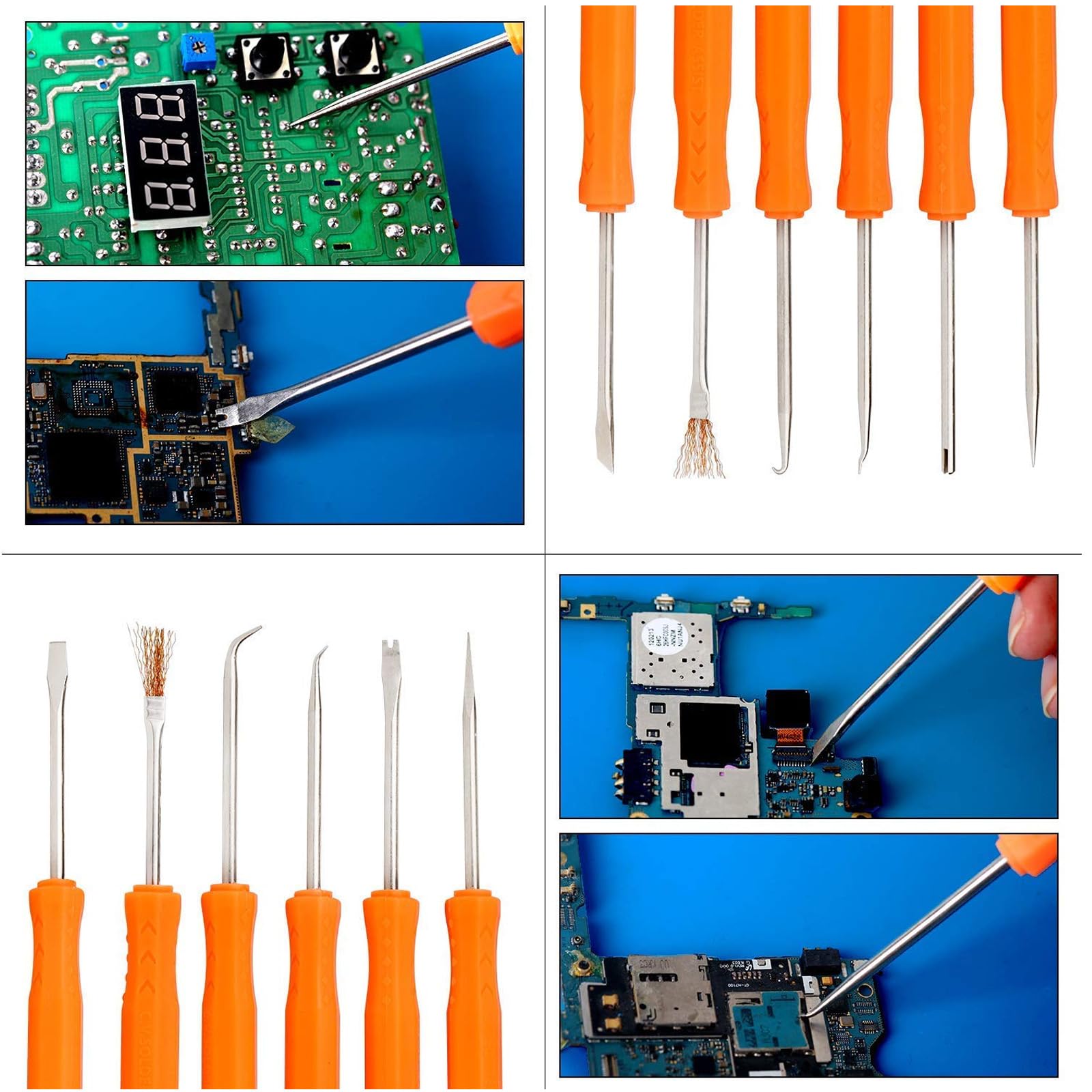 Herramienta de asistencia para soldadura, 6 paquetes kits ayuda soldadura metal placa de circuito Juego de herramientas de soldadura precisa cepillo raspador tenedor gancho punzón(naranja)