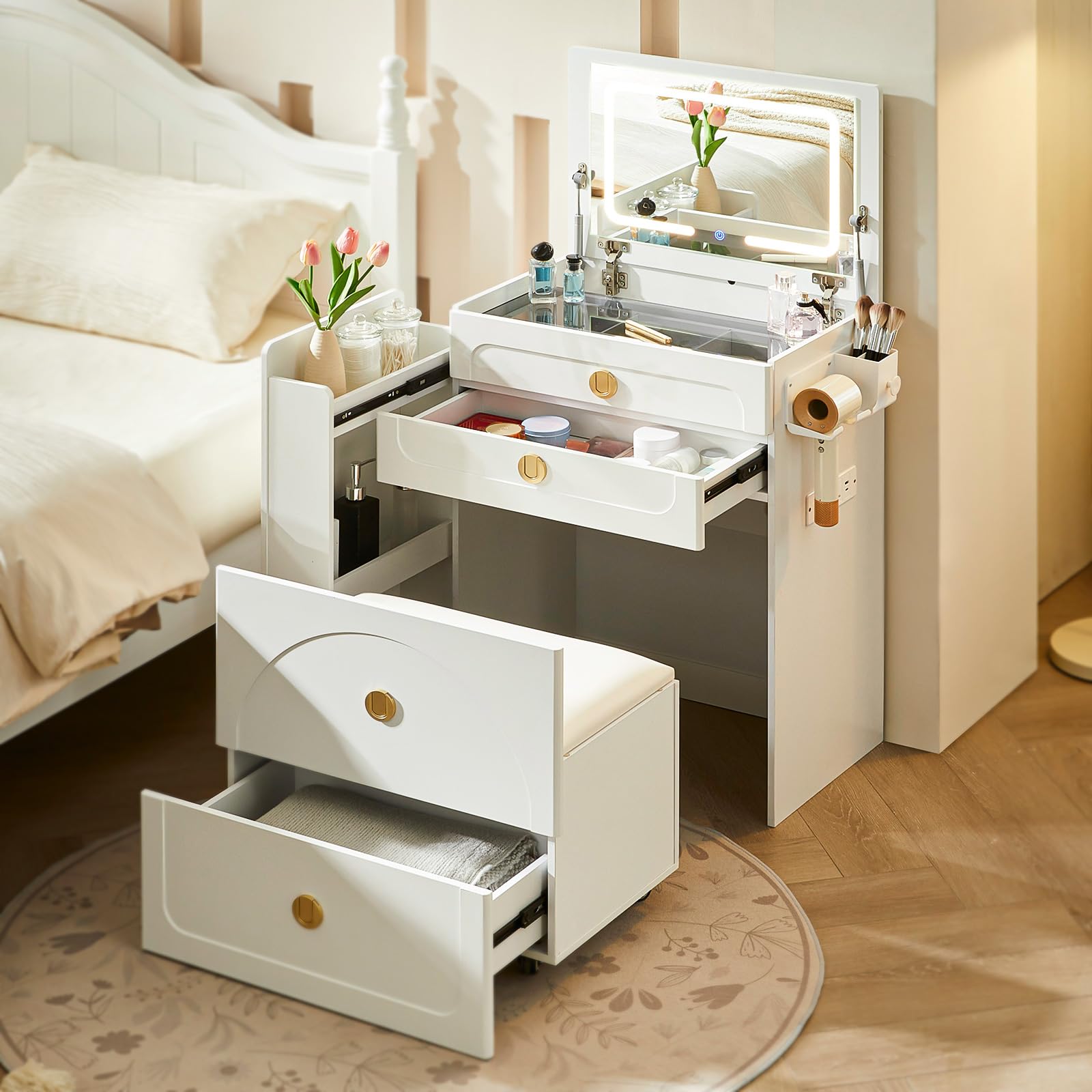 TUKAILAi Tocador 3 en 1 con Espejo LED Abatible, Tocador de Maquillaje con Estación de Carga y Mueble Corredizo, Tocador Compacto con Vidrio, 3 Cajones y Banco con Almacenamiento para Dormitorio