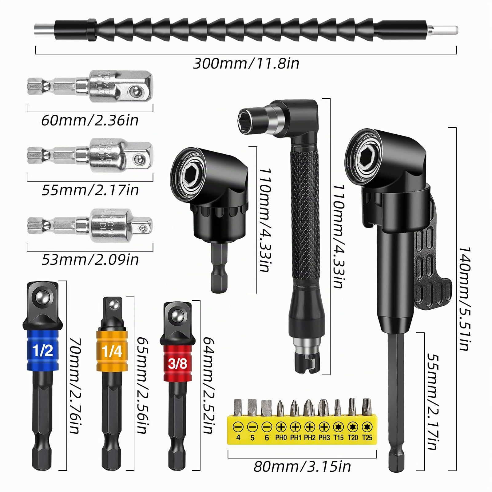 Juego de 20 piezas de accesorios de ángulo de 105° para destornillador, accesorio de ángulo con extensión, accesorios para destornillador inalámbrico, eje flexible para taladro angular
