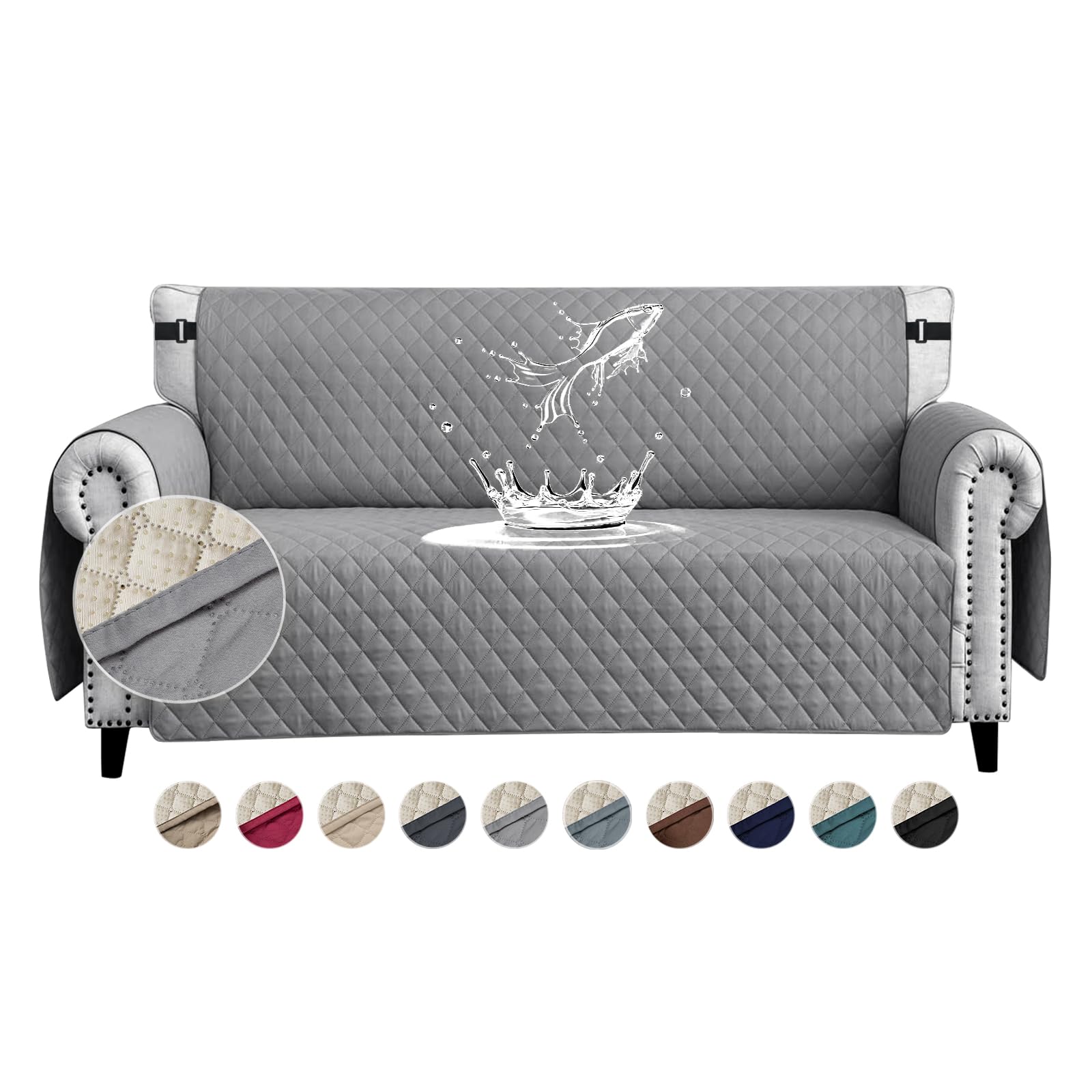 FIGOOO Copridivano Impermeabile 3 Posti Addensare Copridivano Trapuntato Reversibile con Tasche Laterali Antimacchia Antigraffio Cani Gatti Moderno Salvadivano,Grigio Pallido