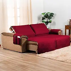 Protetor de Sofá Retrátil 2 Lugares 1,60m Impermeável | Capa para Sofá com Bolso Lateral | Proteção Contra Manchas, Pets e Crianças | Fácil de Lavar (Vinho)