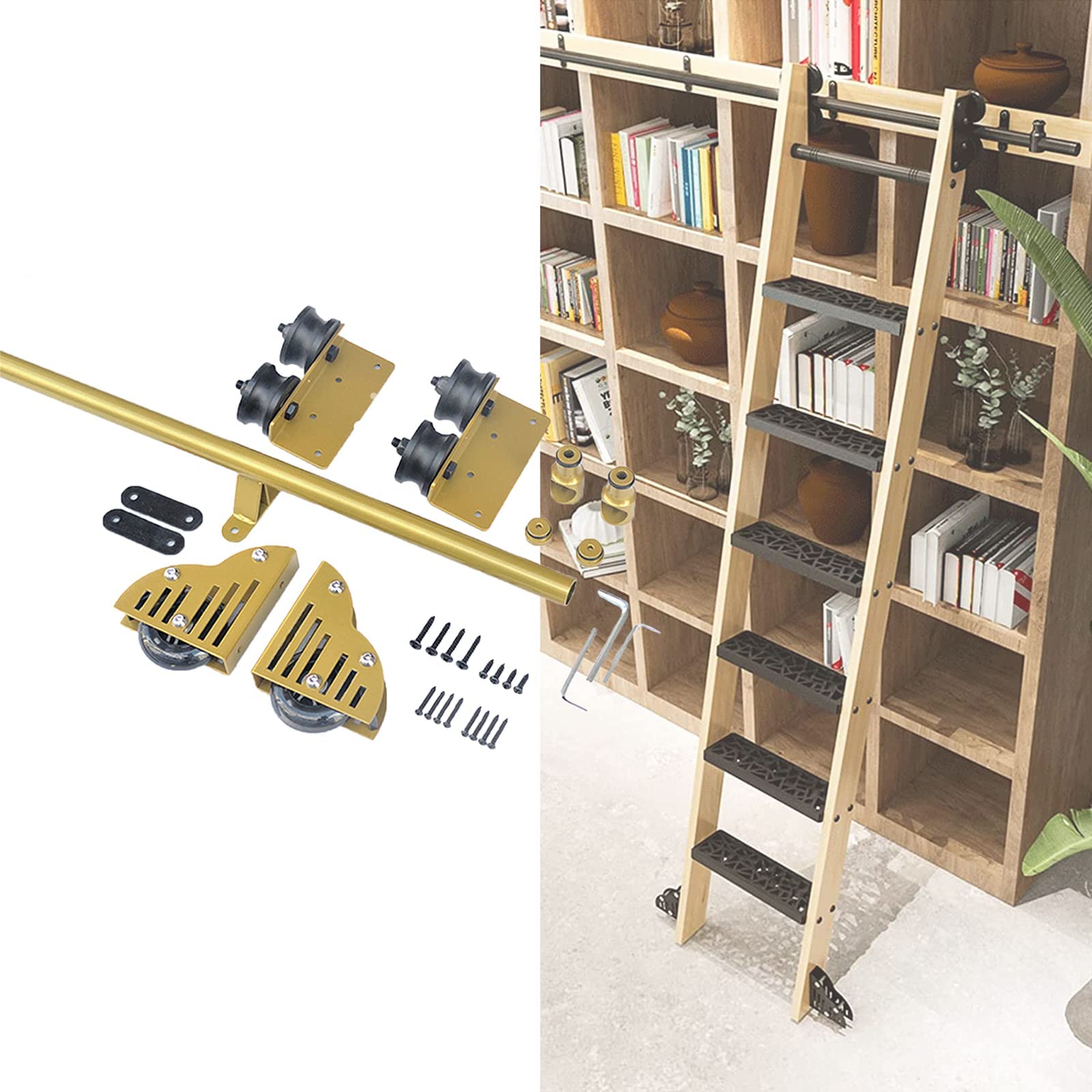 MRVAKDYDI Retractable Rolling Library Ladder Rails Kit, Sliding Ladder Rail Kit 3.3-26ft Multicolor Steel Rolling Track Library Loft Shelf(Gold,500cm)