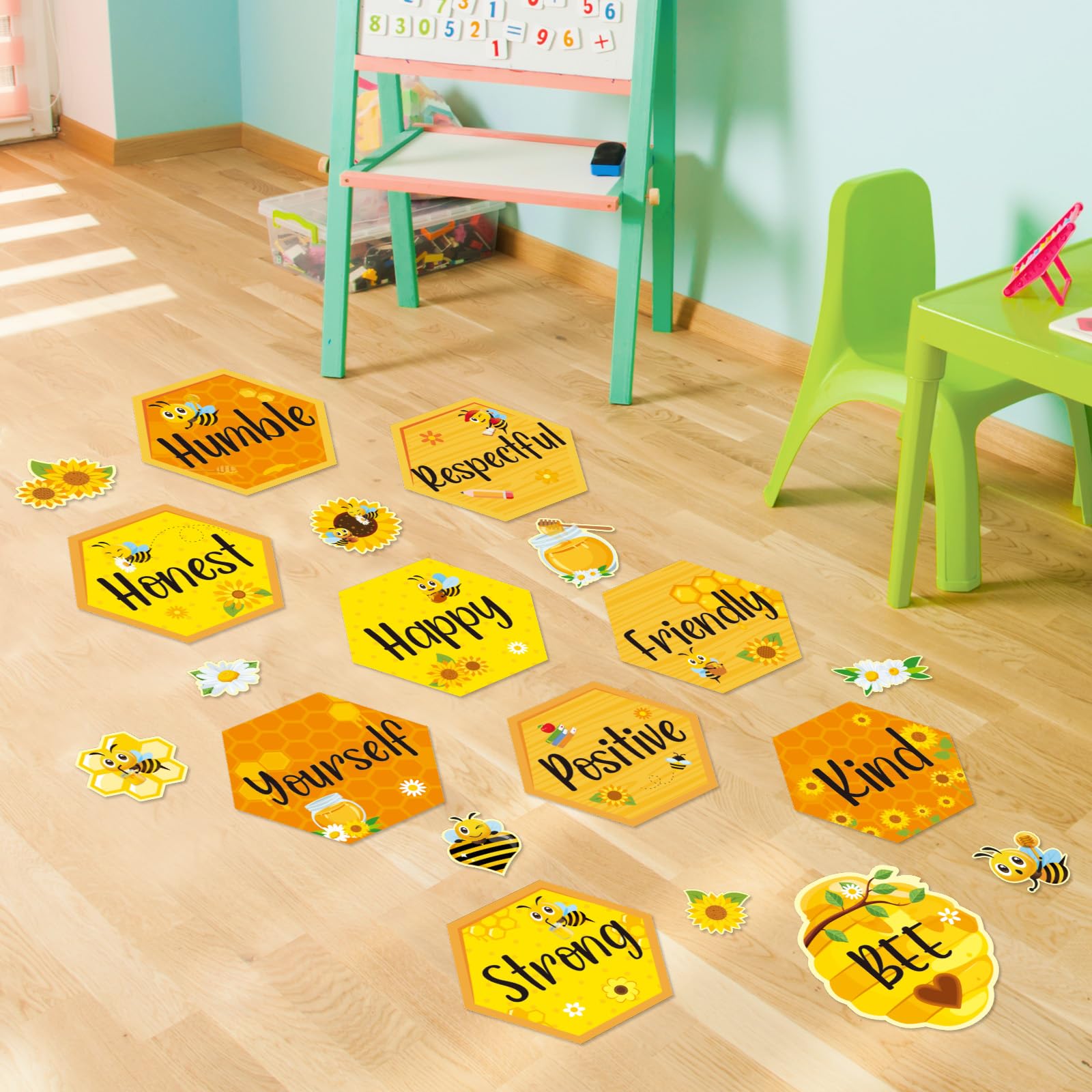 JarThenaAMCS Bee Incentive Floor Stickers Motivational Hopscotch Game Floor Decals Summer Honeybee Sunflower Wall Stickers for Kindergarten Classroom