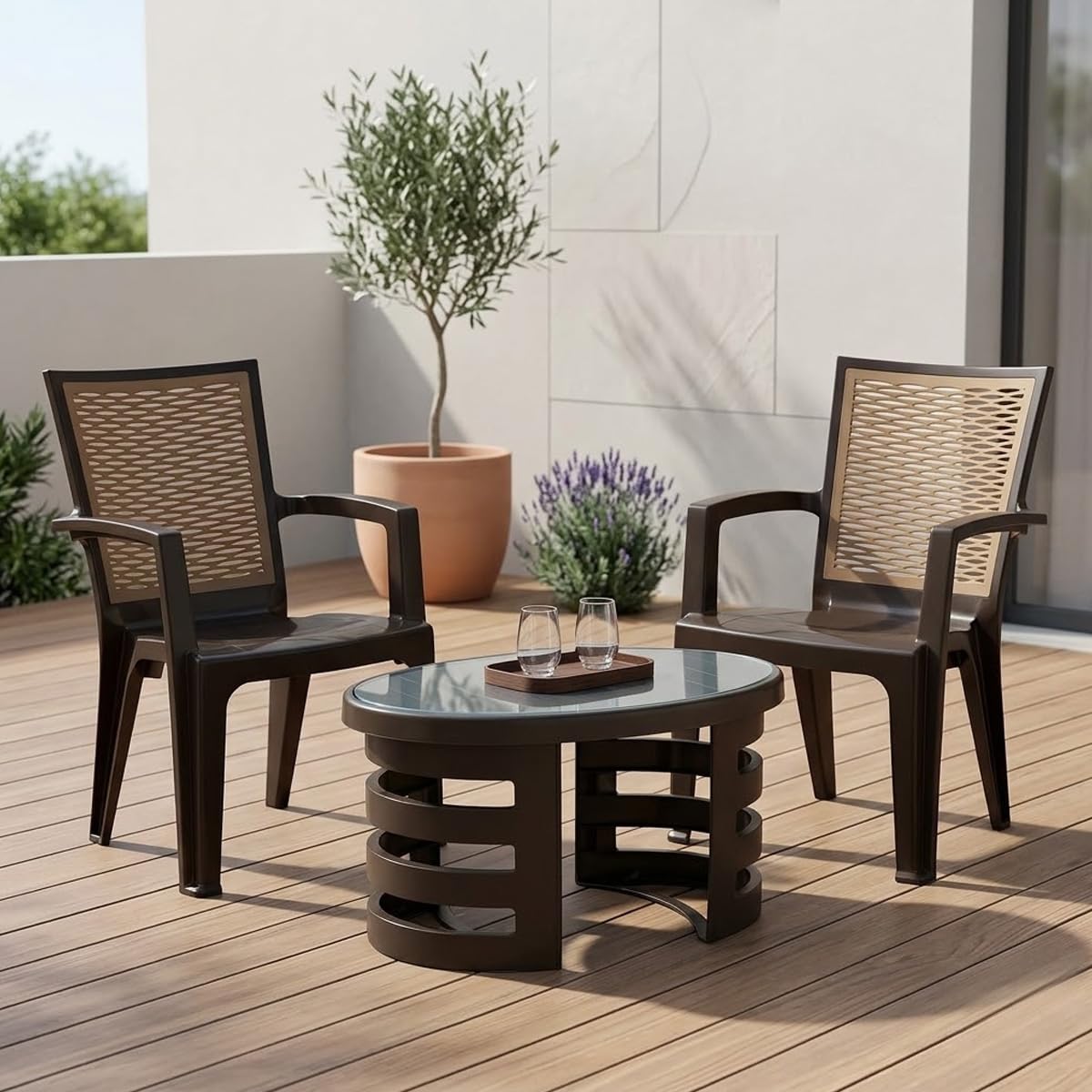 Nilkamal CHR2226 Chair and Mystique Glass Top Coffee Table Set | 2 Chairs and 1 Table | Plastic Furniture Set for Indoor and Outdoor Use, Balcony, Garden, Patio| Season Rust Brown and Biscuit-image-5