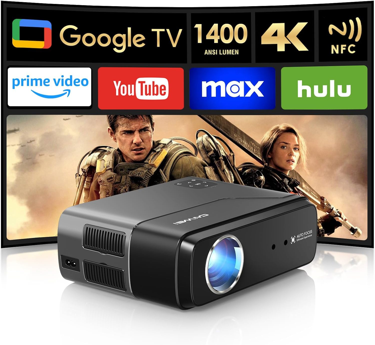 4K HDR Projector 1400 ANSI Ultra HD Portable Smart Projector with Wifi6 and Bluetooth, HDMI eARC, DD+, NFC, Auto Focus for Home Theater, Outdoor Movie, Bedroom