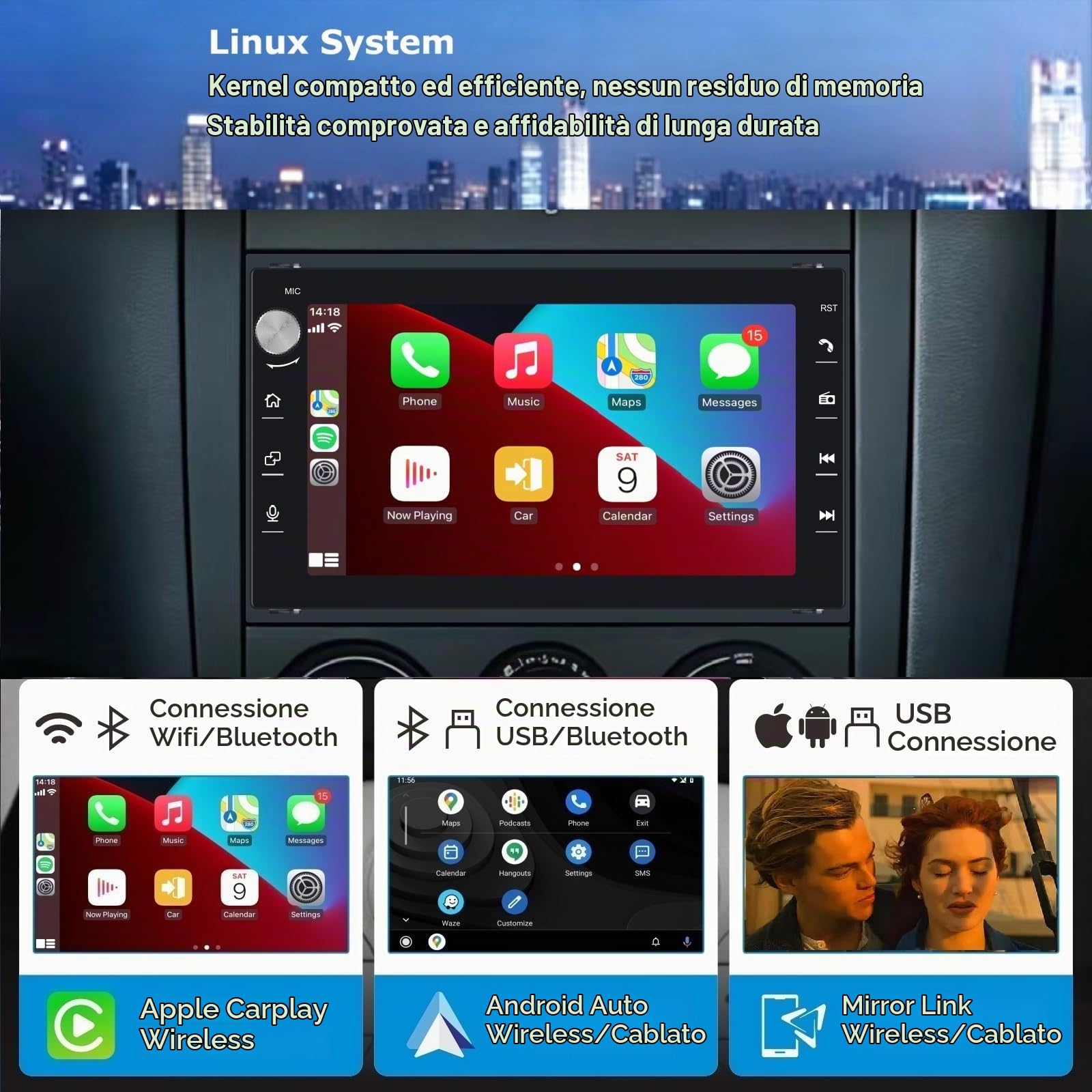 Autoradio HLLECARMO per VW Golf 4, VW T5, Polo 9N, Passat B5, Seat e Skoda – Touchscreen da 7 pollici, CarPlay e Android Auto wireless, Bluetooth/AM/FM/SWC/USB/DSP-EQ, CAN-bus, MirrorLink