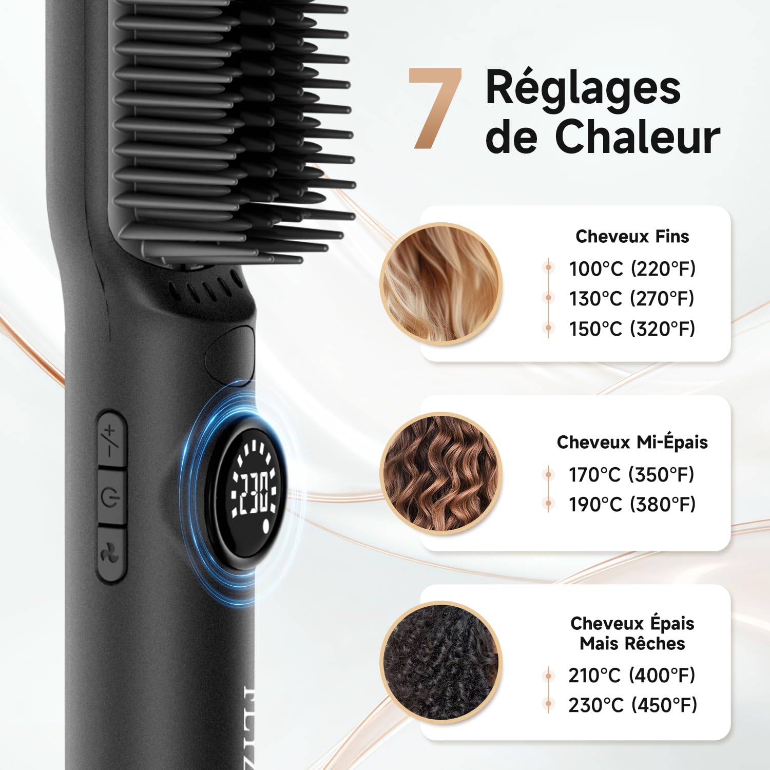 Brosse lissante pour cheveux, Chauffage Uniforme de La Céramique pour Lisseur cheveux, Plaques Aluminium Anti-Brûlure, 7 Température réglable (100-230°C), Pour Tous Types de Cheveux, Prise UE, Noir