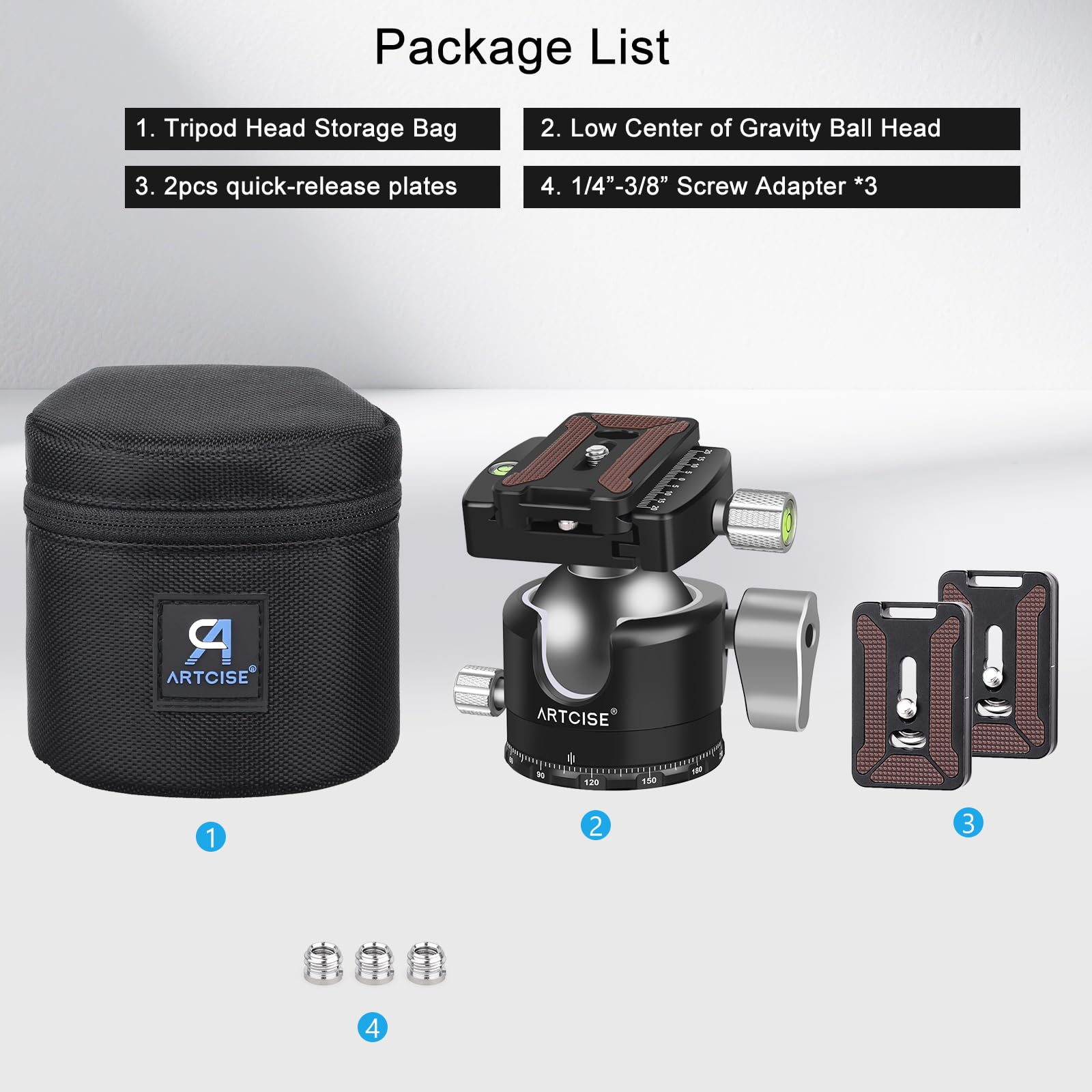 Testa a sfera a profilo basso ARTCISE, testa per treppiede in metallo da 50 mm compatibile con piastra di sgancio rapido Arca 1/4" per treppiede monopiede fotocamera DSLR, capacità di carico: 30kg