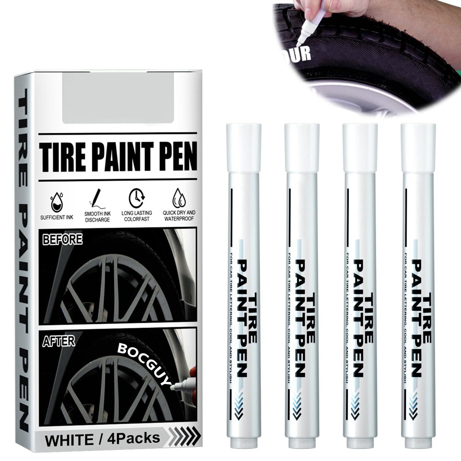 4 Pièces Stylo Peinture Voiture, Stylo de Marquage de Pneu de Voiture, Stylo de Pneu Blanc Résistant à l'Eau pour Pneu de Voiture Moto DIY