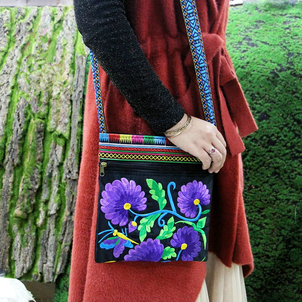 Hobo - Bolso cruzado para mujer, vintage, étnico, tribal, bordado, bohemio, hippie, bolso de hombro, Rojo Flores Aves 7