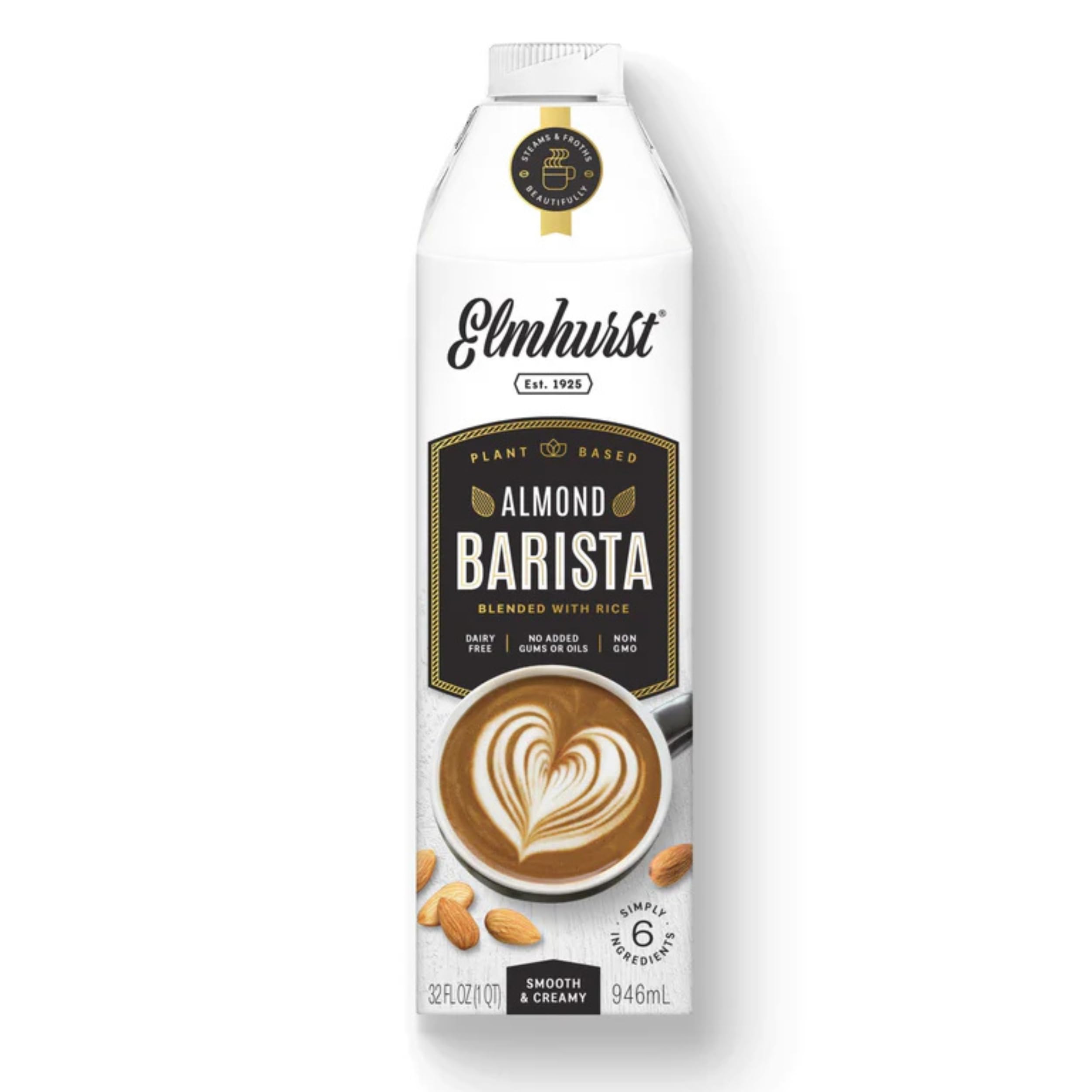 Elmhurst 1925 Almond Milk Barista Edition – 32oz (6-Pack) Plant-Based, Vegan, Dairy-Free, Kosher, Gluten-Free, Non-GMO, Froths for Lattes & Iced Coffee, 3g Protein per Serving, Simple Ingredients