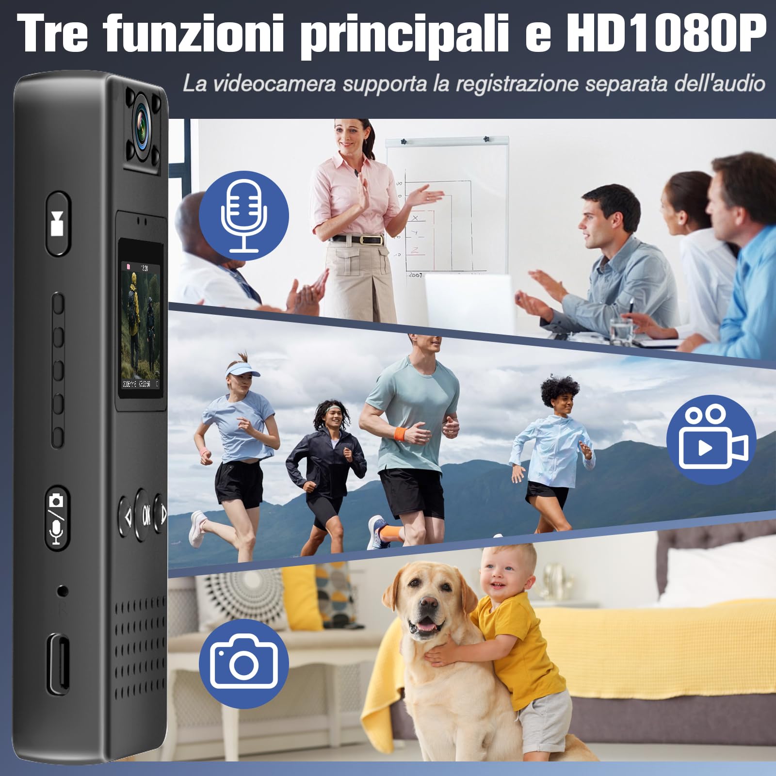 Mini Body Cam HD 1080P, Action Cam Portatile, Telecamera Casco Moto con Audio Rotazione di 180°con Visione Notturna Rilevamento del Movimento per Vlog, Ciclismo, ecc. Attività al chiuso/all'aperto