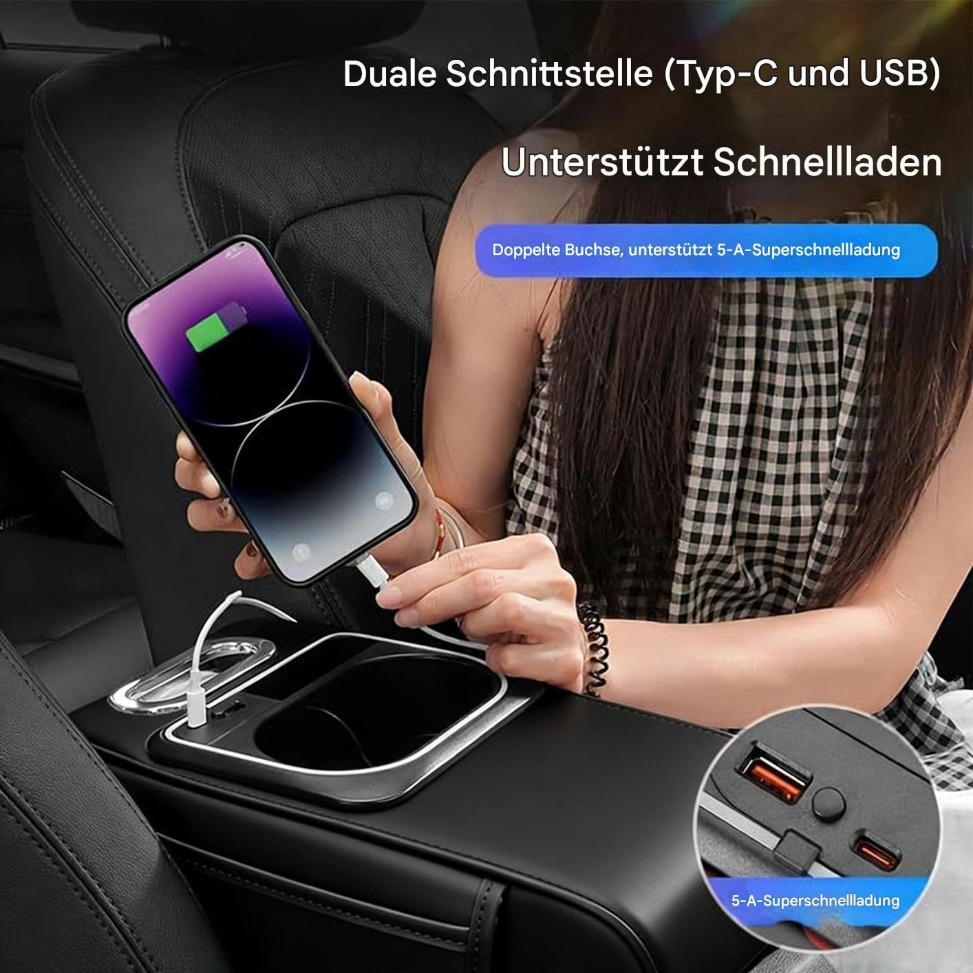 Organizer Na Podłokietnik Samochodowy Podwyższająca Nakładka Z Miejscem Na | z Boczną Kieszenią, Oświetleniem Ambientowym i Portem USB Organizer Podłokietnika dla Samochodów, SUV-ów i