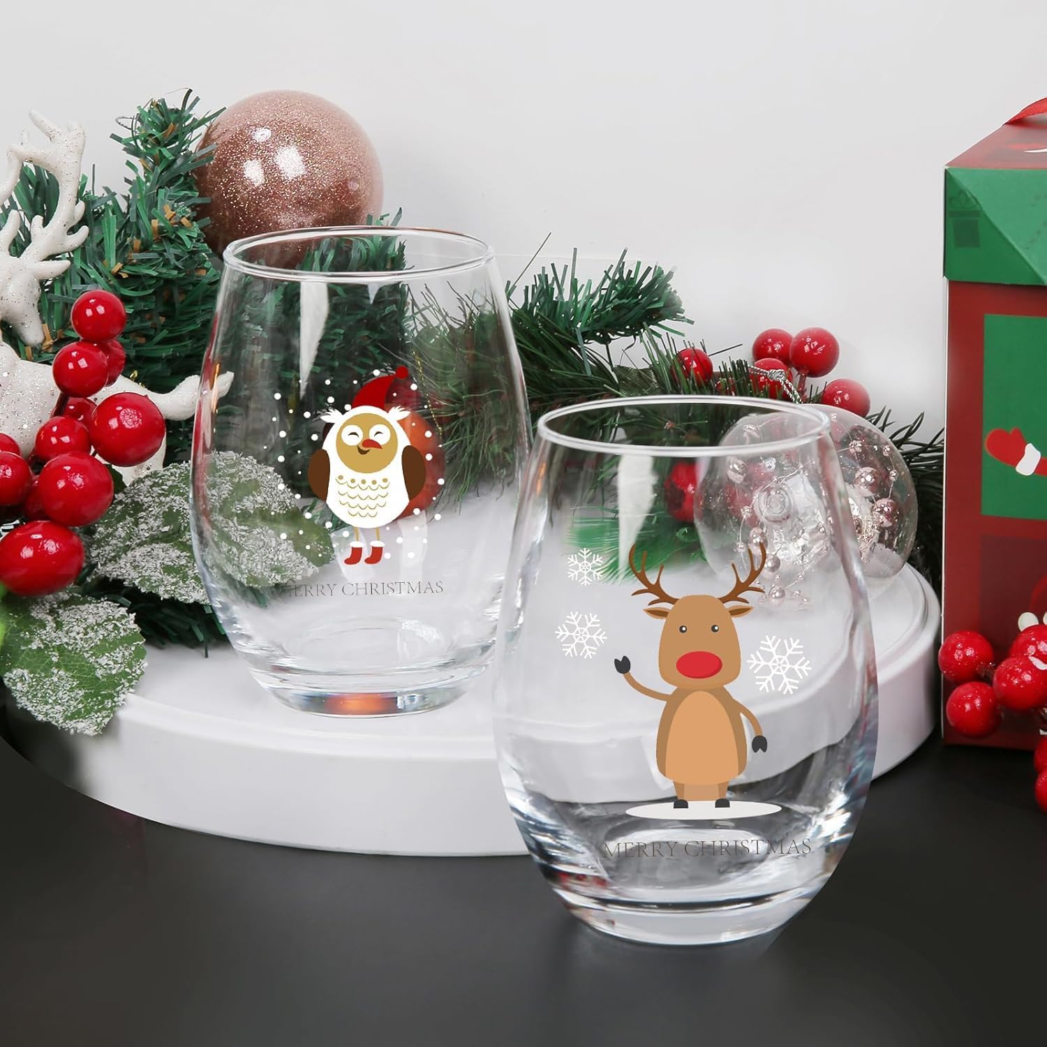 Jogskeor Set of 4 Christmas Themed Wine Glasses, Funny Santa Elk Snowman 15oz Stemless Wine Glasses for Women Men Dad Mom Friends Sisters Coworkers, Wonderful Christmas Gifts - Image 4