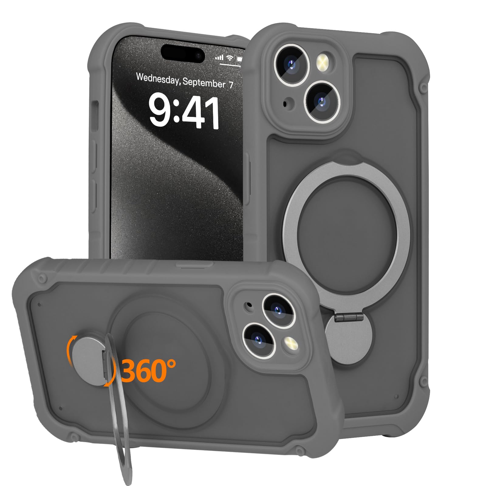 YOVIAKK for iPhone 14 Case & iPhone 13 Case [3 in 1 Magnetic O-Ring Stand] Great Grip Feeling,Camera Protection,Aesthetic Rugged Frosted Translucent