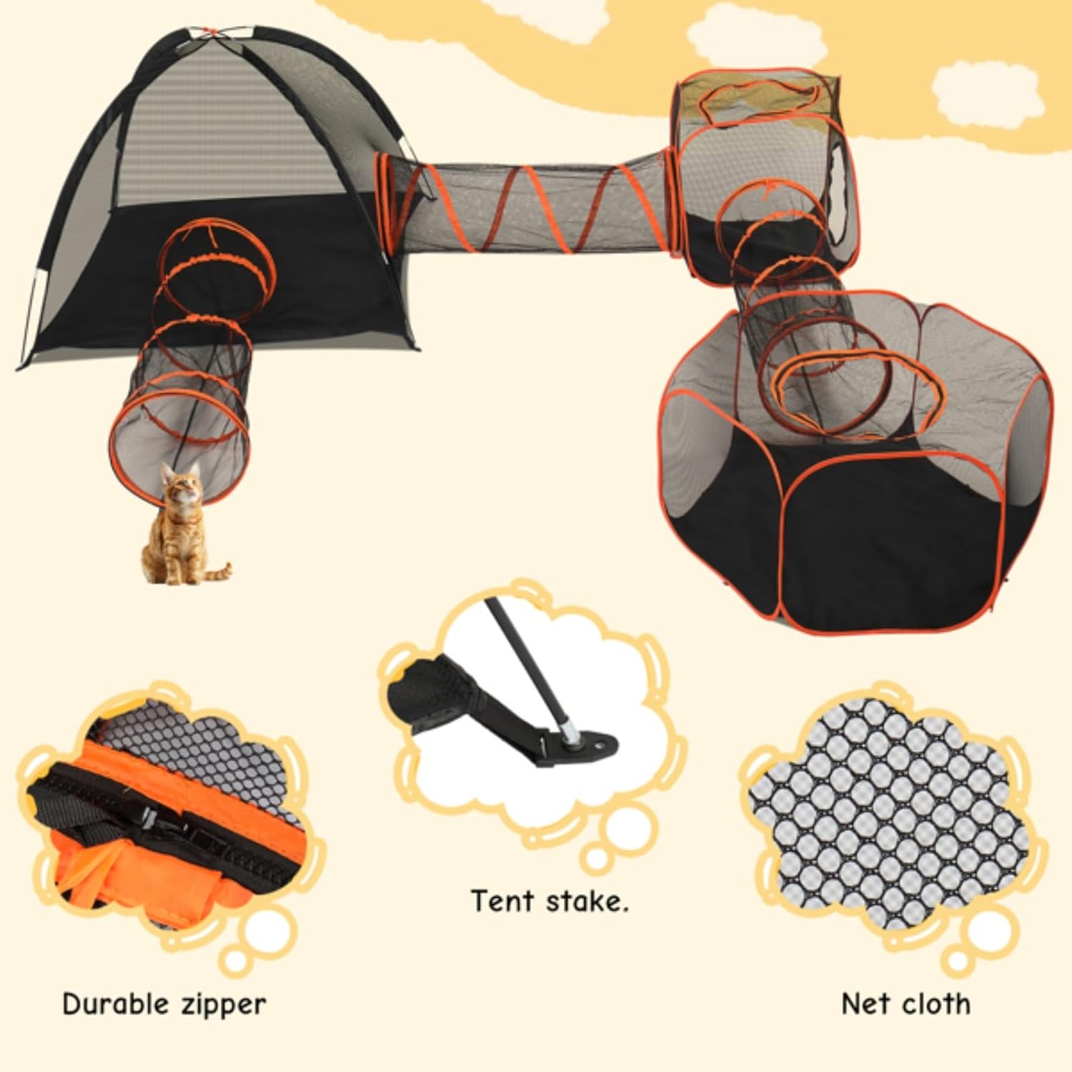 Outdoor Cat Fence, 6 in 1 Patio Cat Tent Enclosure for Indoor Cats, Portable Cat Tent for Outdoor Cat Fence with Tunnel for Cats, Rabbits, Ferrets and Small Animals