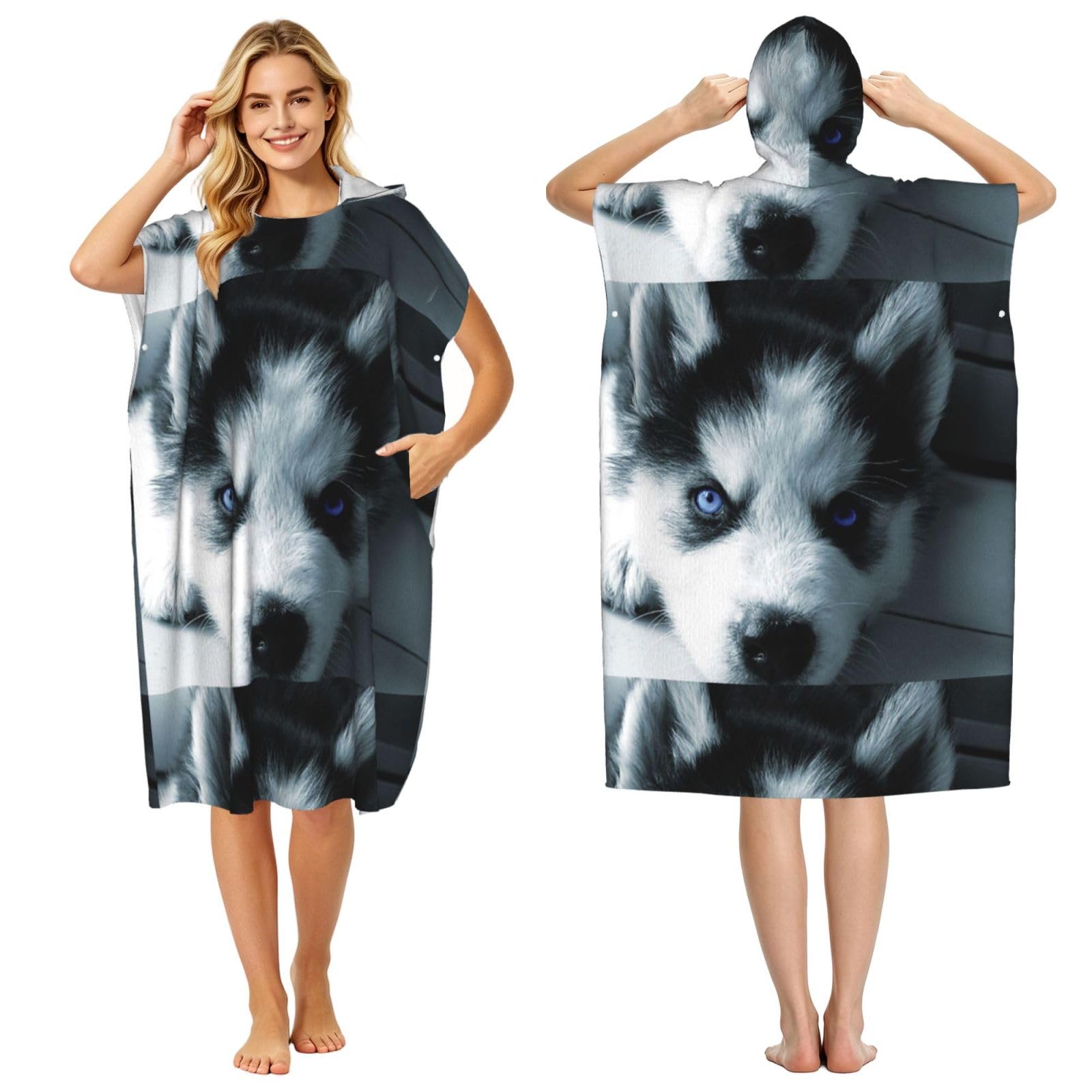 Poadnly Puppy Husky, Adult Hooded Beach Towel 90 x 110 cm,Changing Bath Robe, Surf Poncho Towel For Women Men