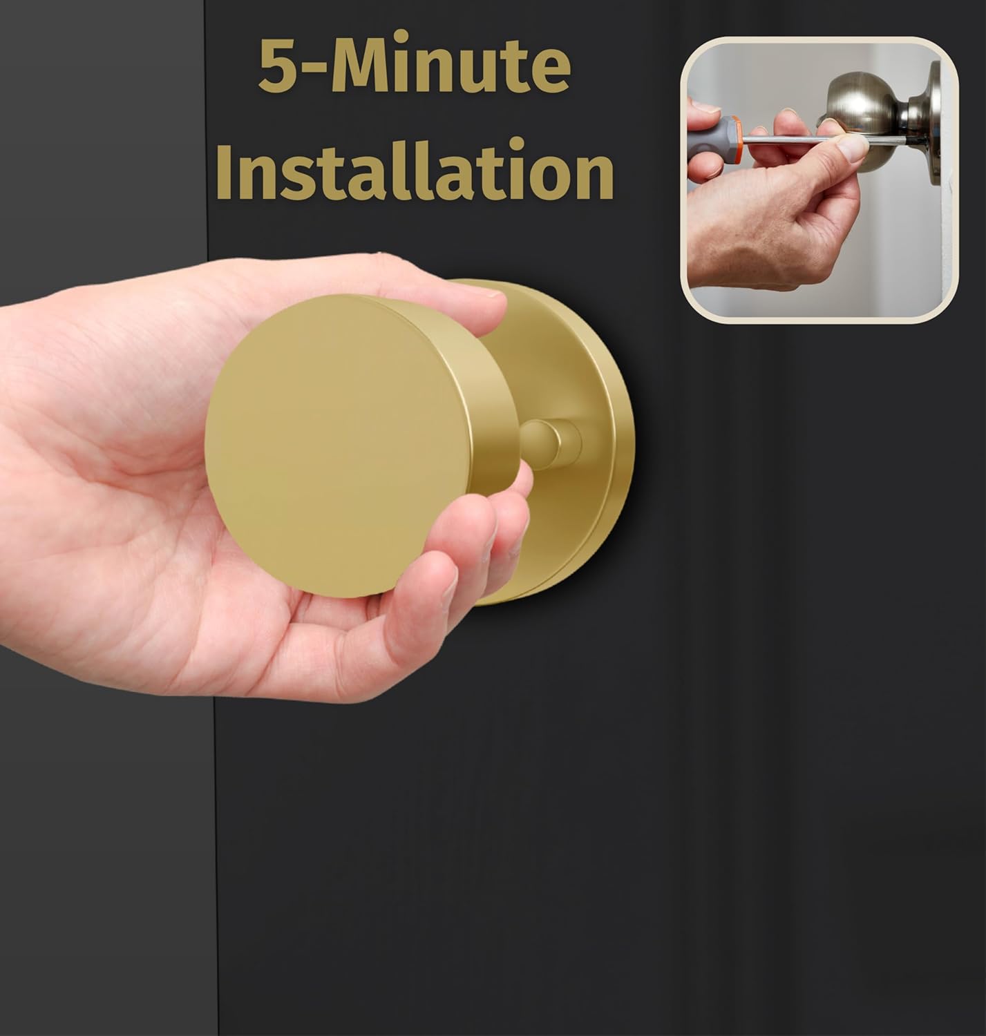 Mega Handles Buena Gold Privacy Door Knob - 1 Pack Reversible Interior Gold Door Knob, Heavy Duty Bed and Bath Door Knobs with Privacy Lock, Fits All Standard Door Sizes - Satin Brass