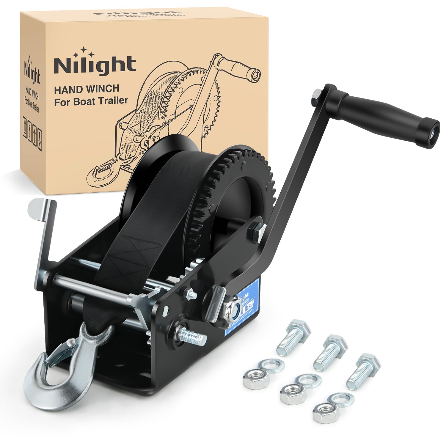 Nilight Boat Trailer Winch 3500 Lbs Hand Crank Winch Heavy Duty Boat Winches with 33Ft Strap Rope Hook Two Way Ratchet 4:1 8:1 Gear Portable Marine Manual Winch for Trailers Boat RV ATV Jet Ski Towing