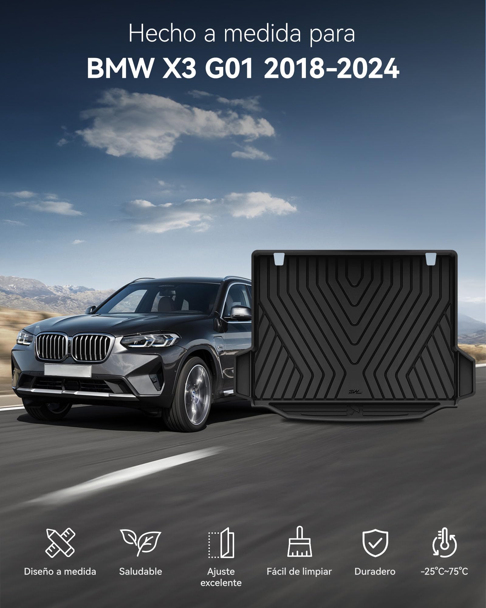 3W para BMW X3 G01 2019-2024 Alfombrilla Maletero de Coche, TPE Alfombrillas Maletero para Todo Tipo de Clima para BMW X3 G01 Juego Completo de Alfombrillas, Accesorios, Negro
