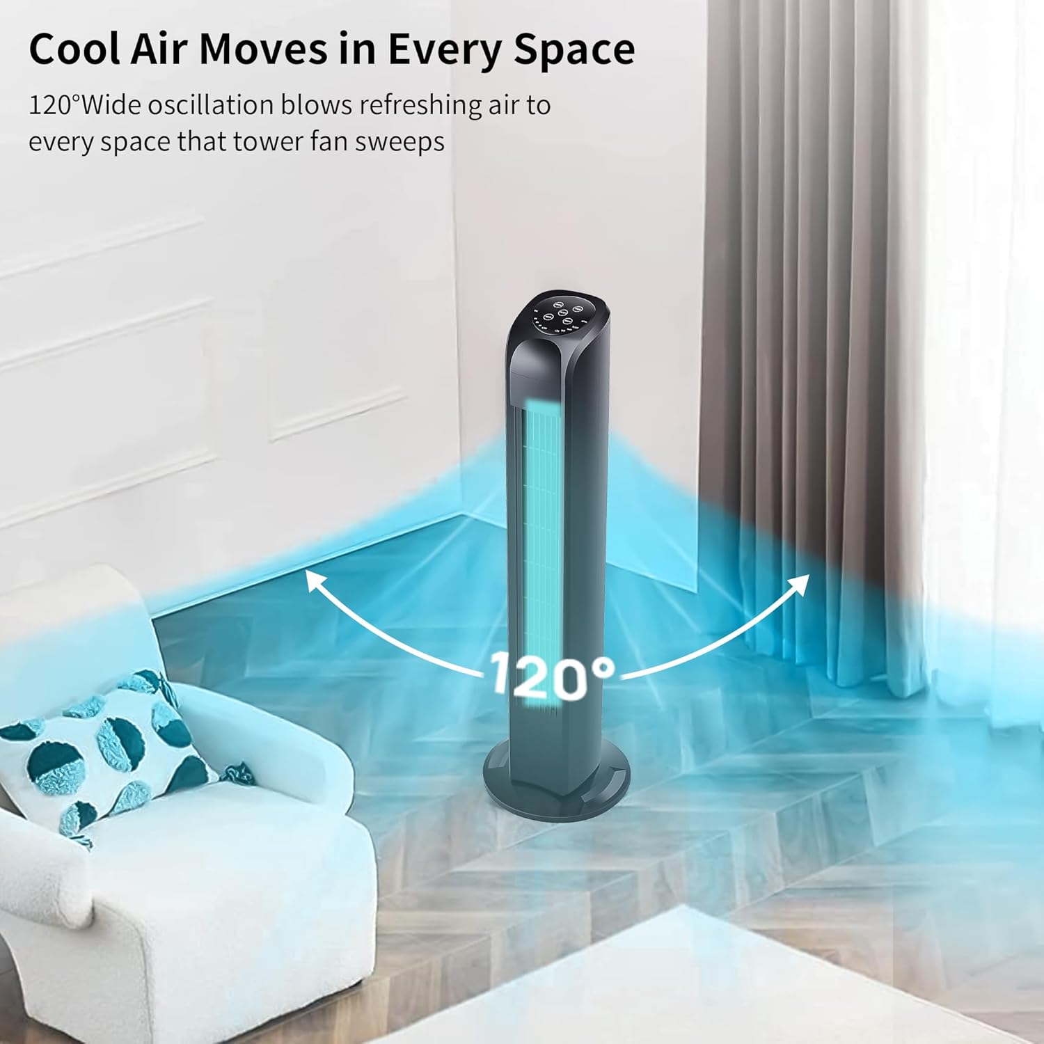 Uthfy Tower Fan for Bedroom, 120° Oscillating Standing Floor Bladeless Fans That Blow Cold Air with Remote, 3 Modes 3 Speeds, 7.5H Timer, for Indoor Living Room Office, 30 Inch, Black - Image 5